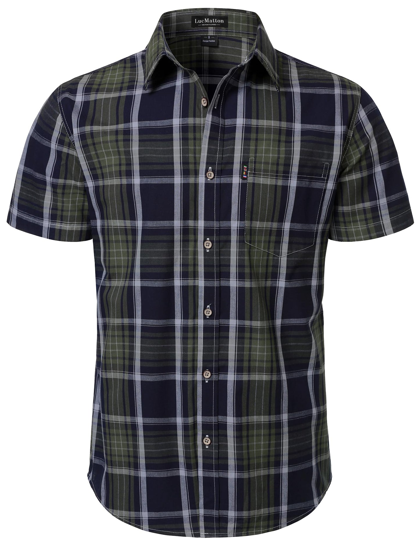 LucMatton Men's Gingham Short Sleeve Button Down Shirt Cotton Regular Fit Plaid Dress Shirts with Pocket