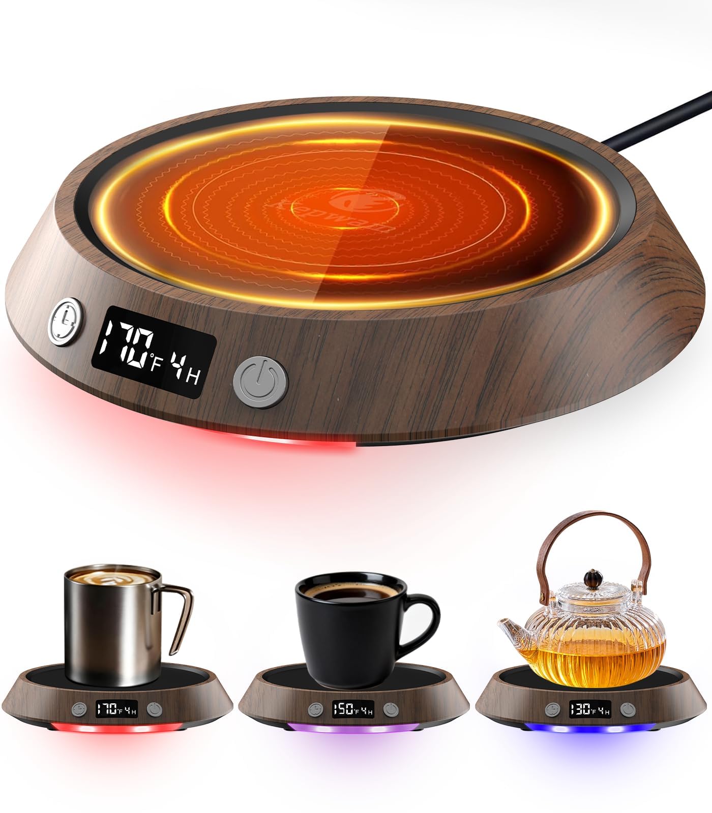 Kepwam Coffee Mug Warmer - 50W Electric Coffee Warmer for Desk 3 Temp Settings & 2-9 Timer Smart Cup Warmer for Desk Candle Warmer Plate with LED Lights Beverage Tea Milk Warmer for Home & Office