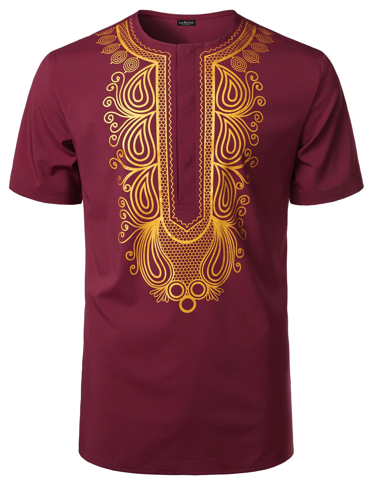 LucMatton Men's African Short Sleeve Hidden Button Shirt Metallic Foil Stamping Dashiki T Shirt