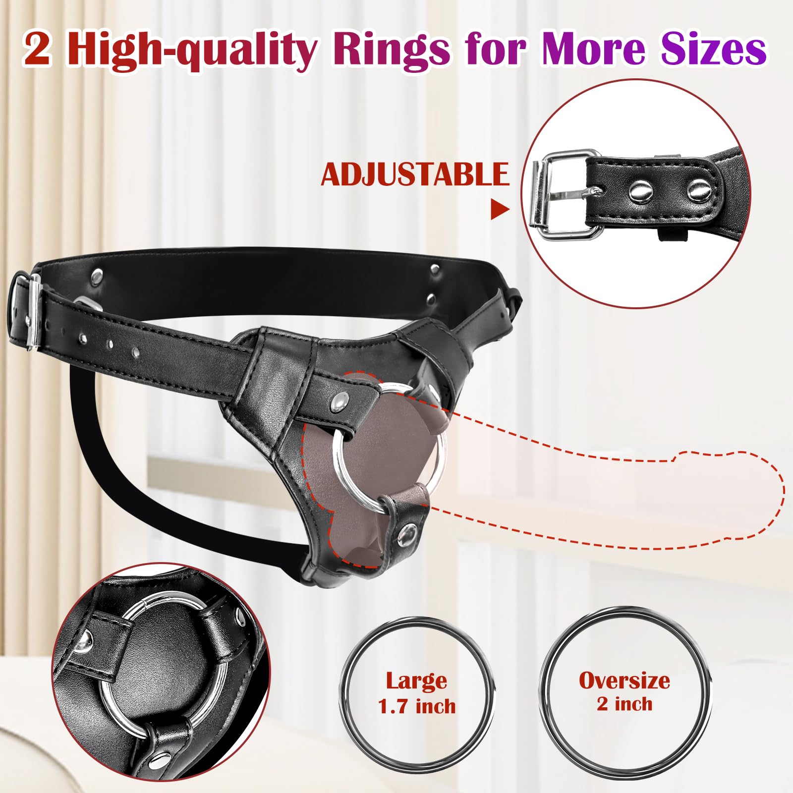 Strap On Dildo Harness Adult Sex Toys for Women Men Pegging Dildo, Adjustable Waist and Thigh Soft Nylon Vegan Leather Belt with 2 Size Metal O-Rings for Lesbian Gay Couple Vaginal Anal Play (Black)