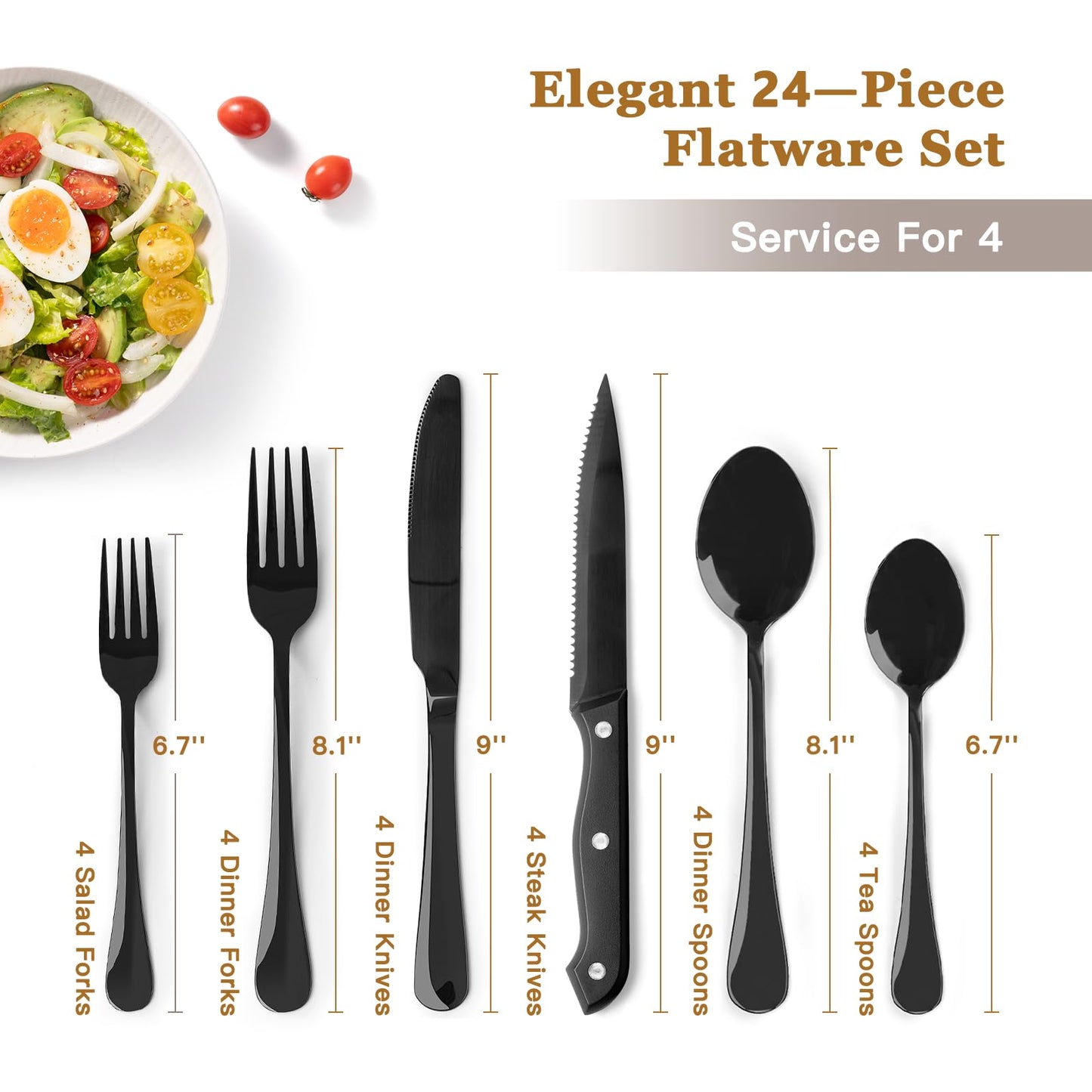 Astercook Black Silverware Set with Steak Knives Flatware Set Food-Grade Stainless Steel Cutlery Set Mirror Polished Utensils Set Include Spoons and Forks for Home Kitchen Restaurant