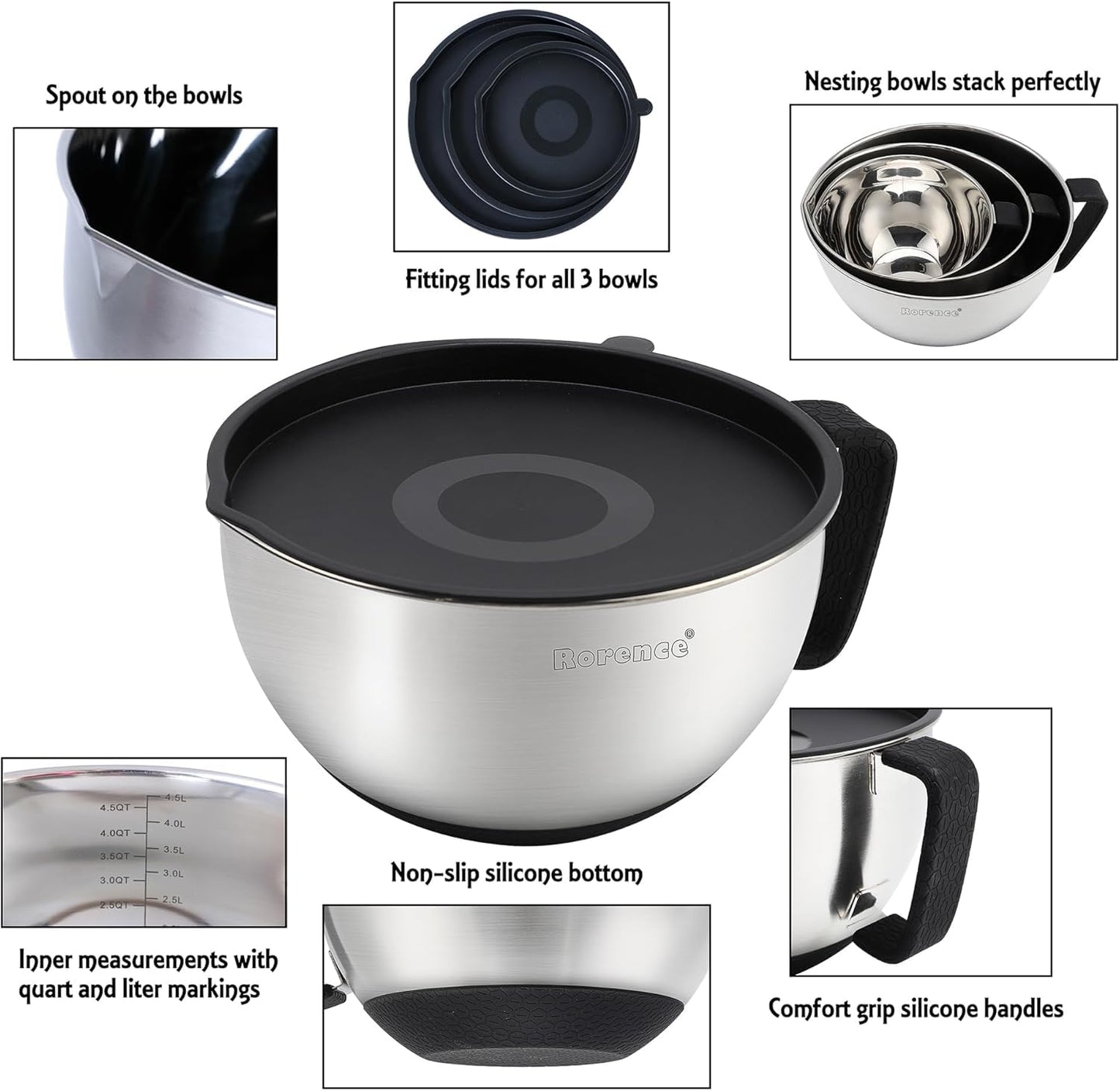 Rorence Stainless Steel Non-Slip Mixing Bowls With Pour Spout, Handle and Lid, Set of 3