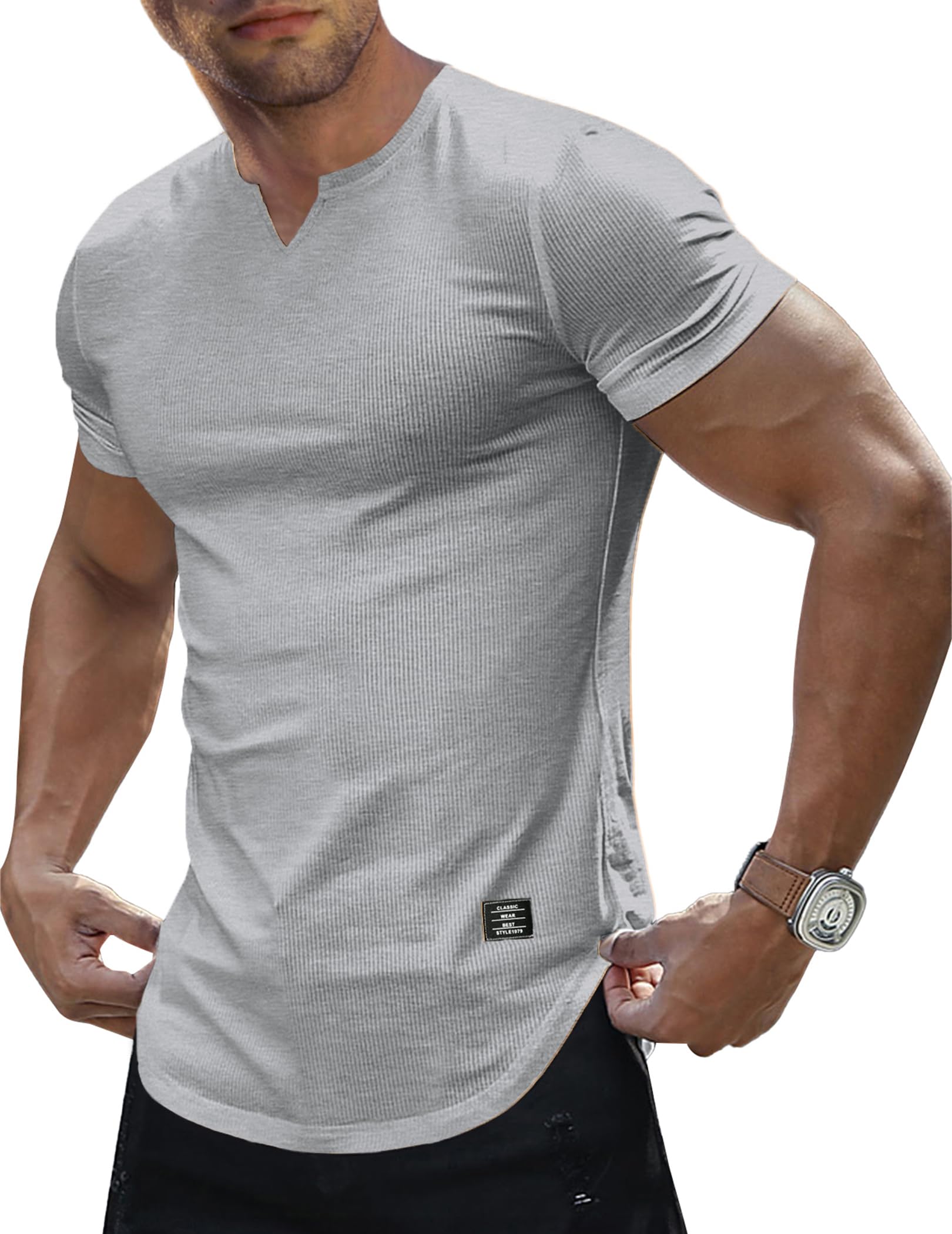 JMIERR Mens Muscle Slim T Shirts Texture V Neck Longline Henley Gym Workout Athletic Tee Shirt