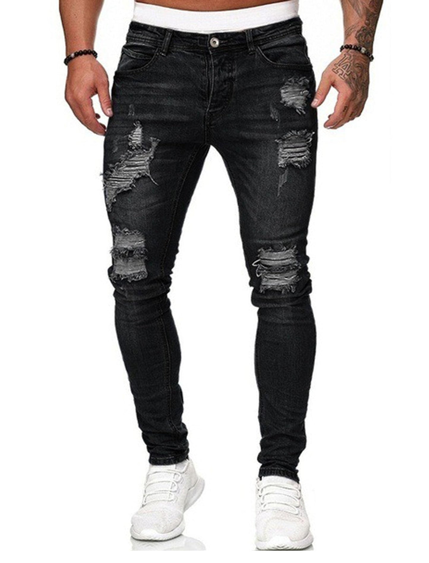 HUNGSON Men's Blue Slim Fit Jeans Stretch Destroyed Ripped Skinny Jeans Side Striped Denim Pants