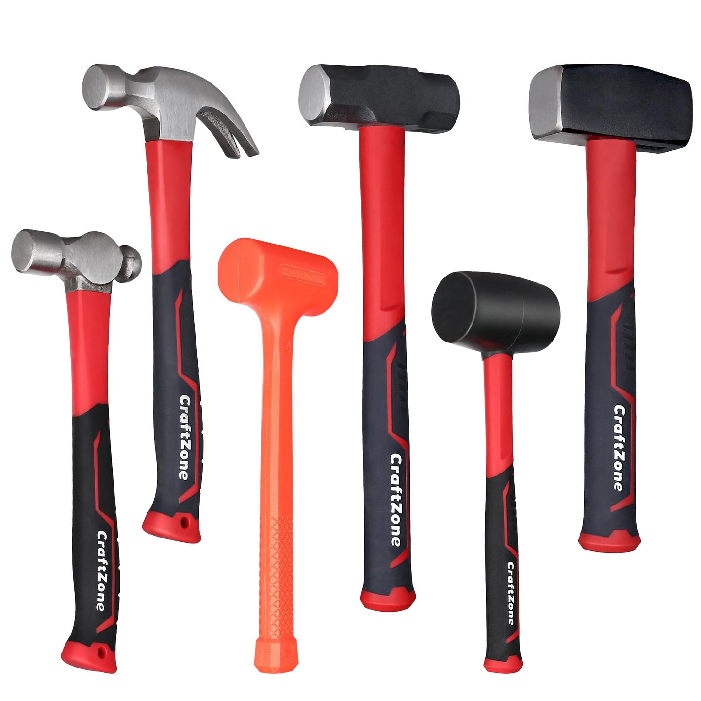 6-Piece Rubber Mallet Hammer Set with 2lb Dead Blow - 3lb Sledge & Stoning - 16oz Ball Peen Claw Hammers | Anti-Vibration Fiberglass Handles for Construction Metalworking Automotive & DIY Projects