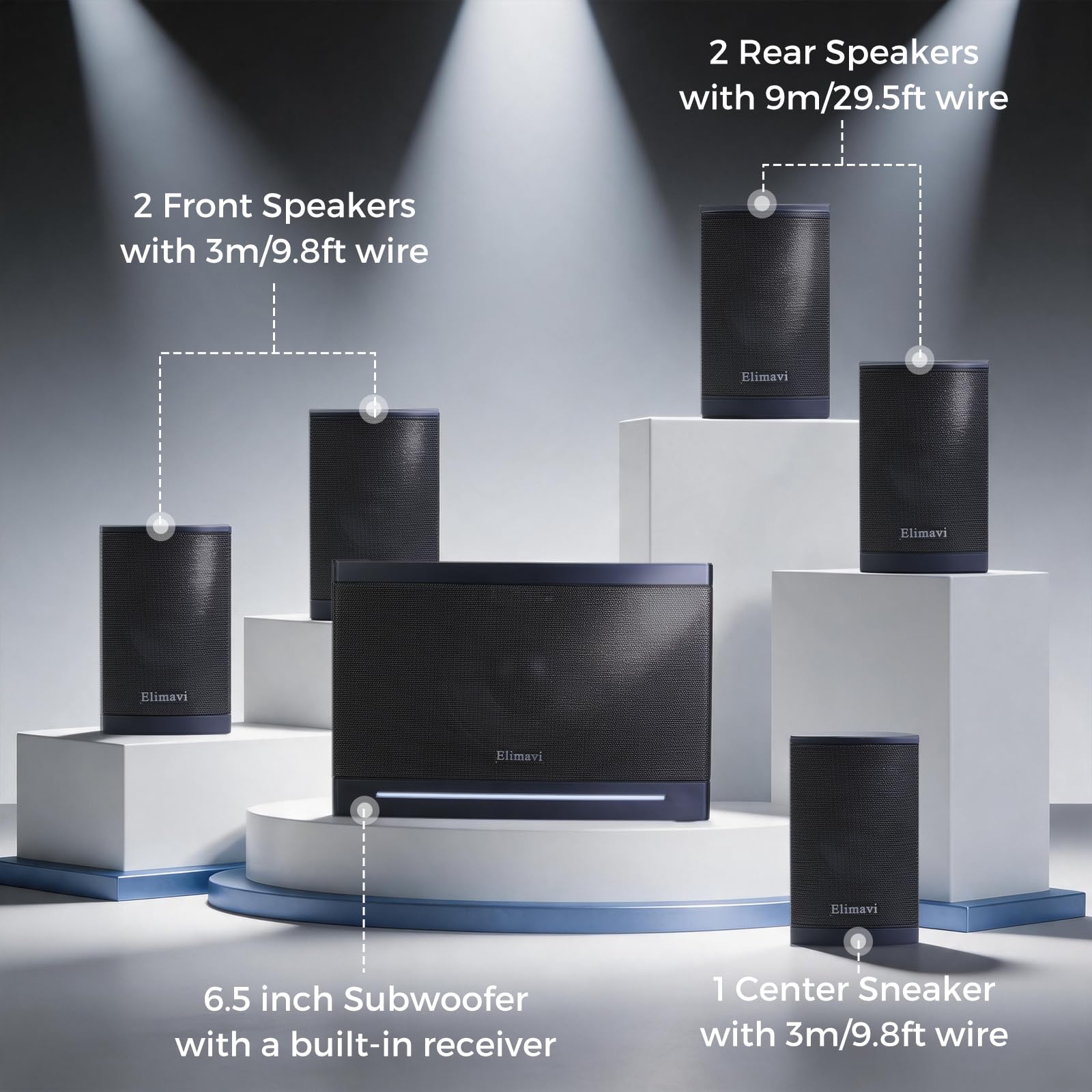 Elimavi 5.1 Surround Sound Systems Home Theater System, Wired Surround Sound Speaker System with 6.5" Subwoofer, Bluetooth 5.3 Audio System for TV Living Room, RCA Coaxial Optical Input, Metal Mesh