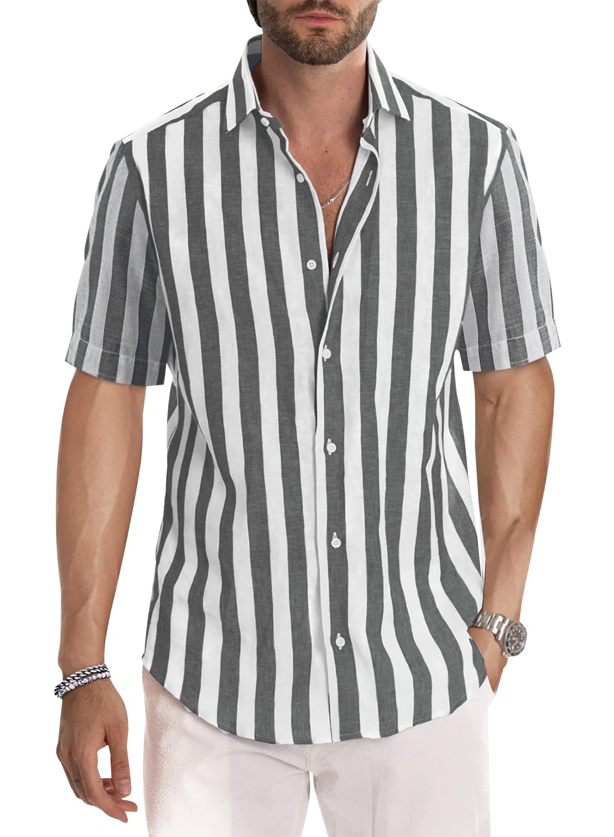 JMIERR Men's Casual Stylish Short Sleeve Button-Up Striped Dress Shirt Cotton Beach Shirts