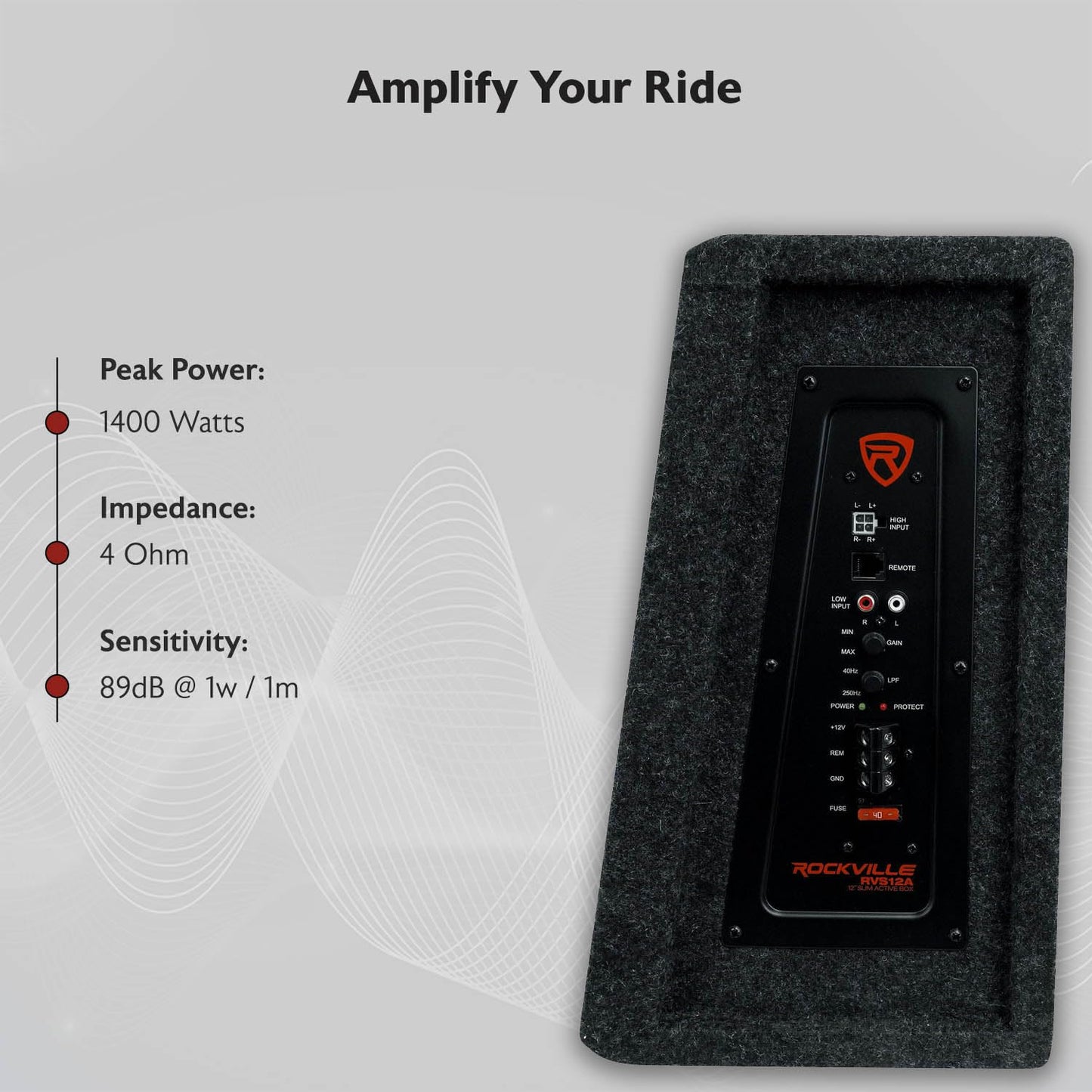 Rockville RVS12A 1400W Peak / 350W RMS 12" Slim Vented Powered Car Subwoofer Enclosure, 4-Ohm, Remote Bass Knob, Subsonic Filter, MDF Build, for Car Audio