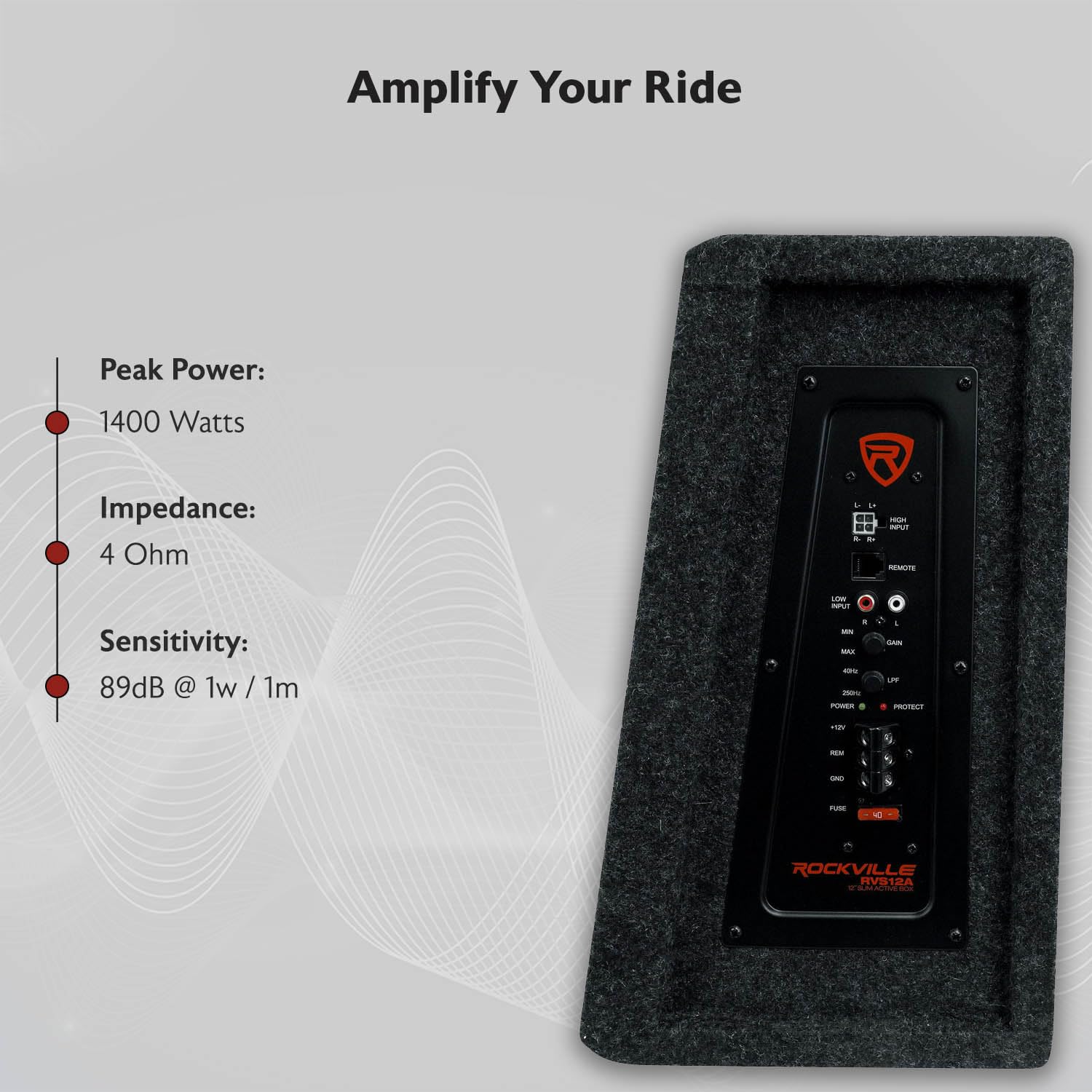 Rockville RVS12A 1400W Peak / 350W RMS 12" Slim Vented Powered Car Subwoofer Enclosure, 4-Ohm, Remote Bass Knob, Subsonic Filter, MDF Build, for Car Audio