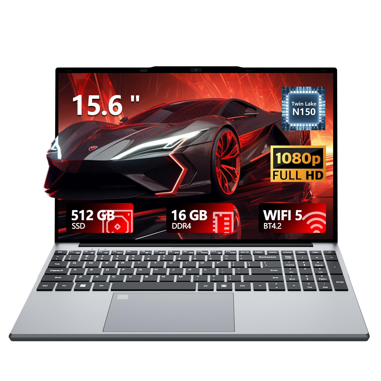 QLall 2026 Laptop, 15.6 inch Laptop Computer, 16GB RAM 512GB SSD, Celeron N150, Lap top with Backlit KB Fingerprint, WiFi5, BT4.2, 180° Open, Mini HDMI, Win 11 Pro