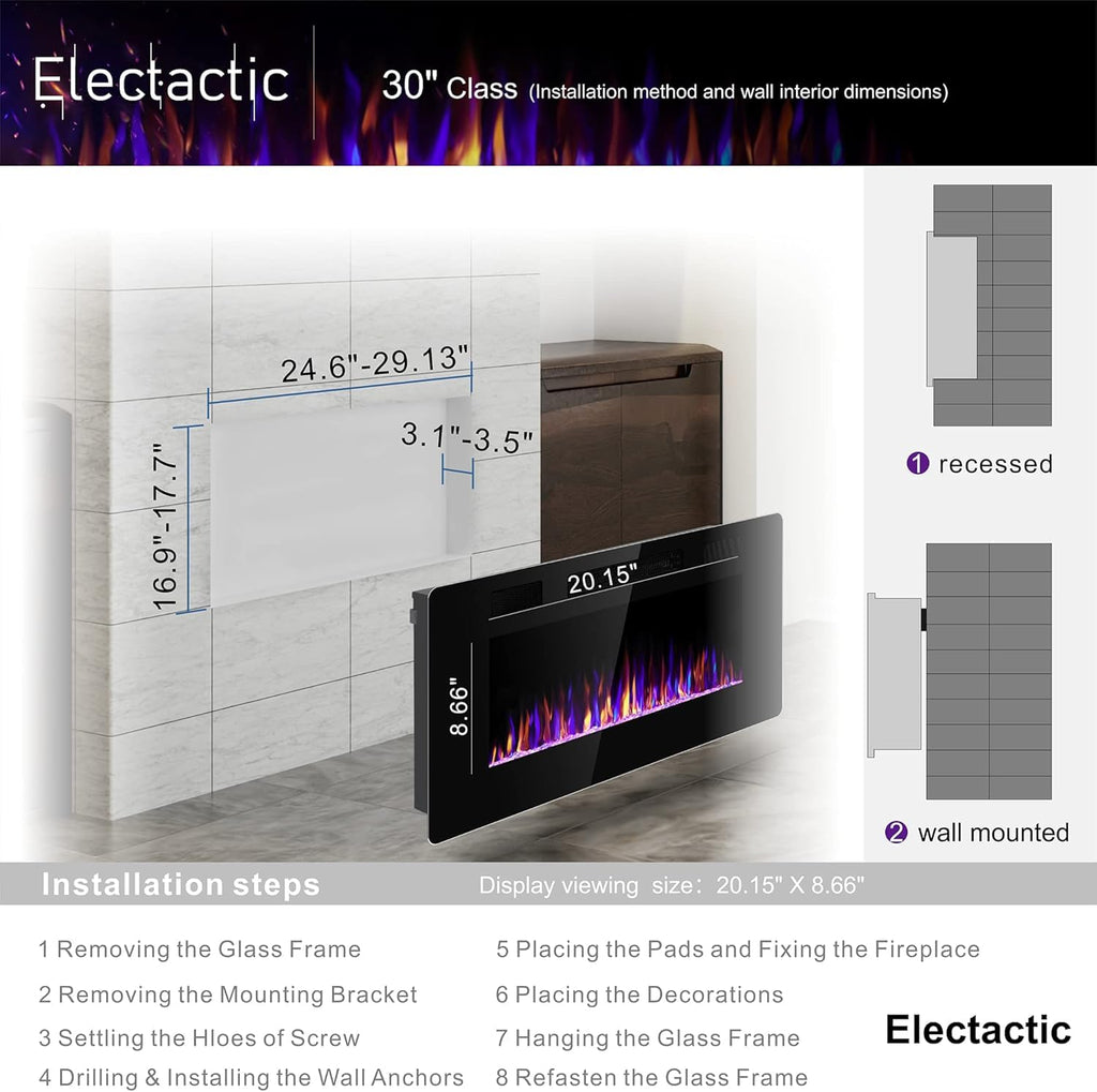 Electactic Electric Fireplace, Recessed and Wall Mounted