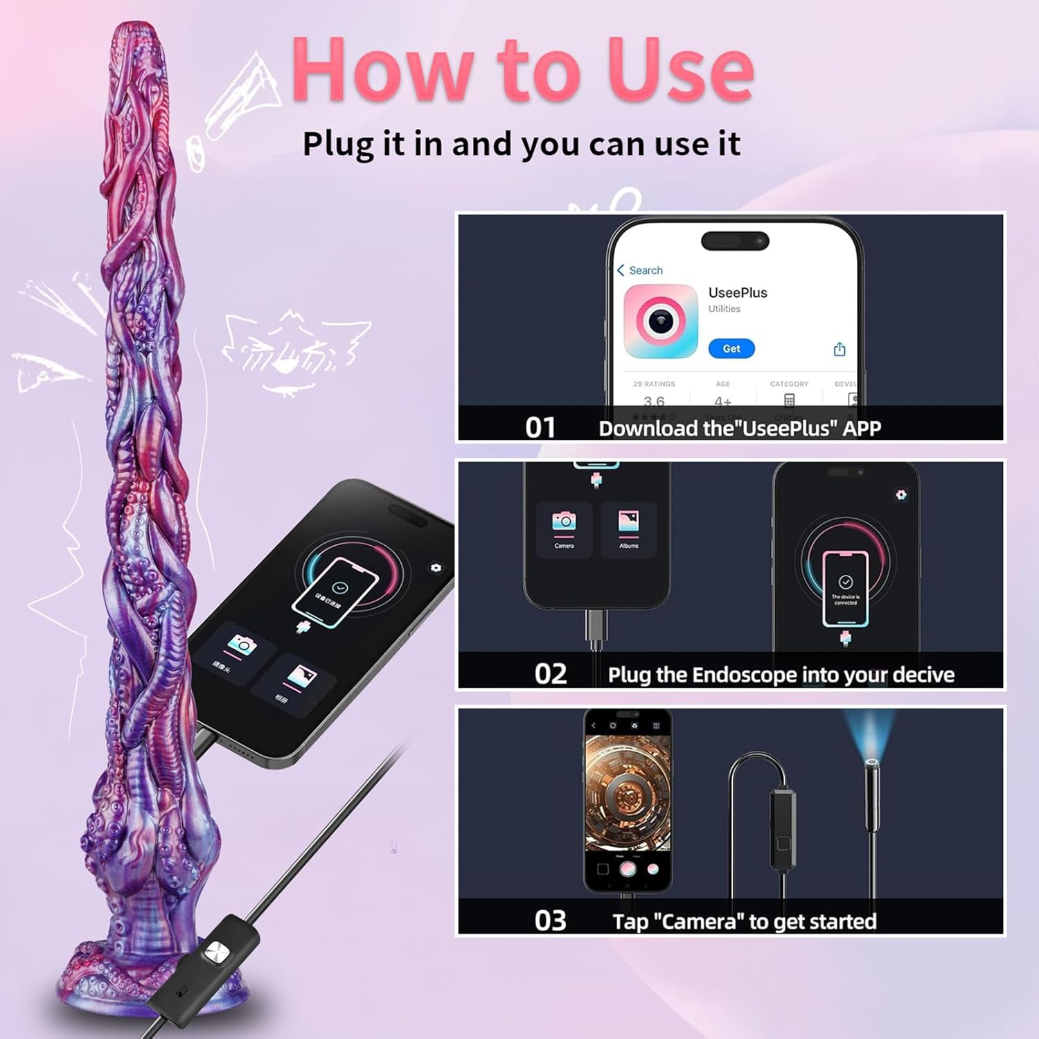 TTAIOOAI 19.9in Smart Endoscope Tentacle Knot Butt Plug 1080P Camera