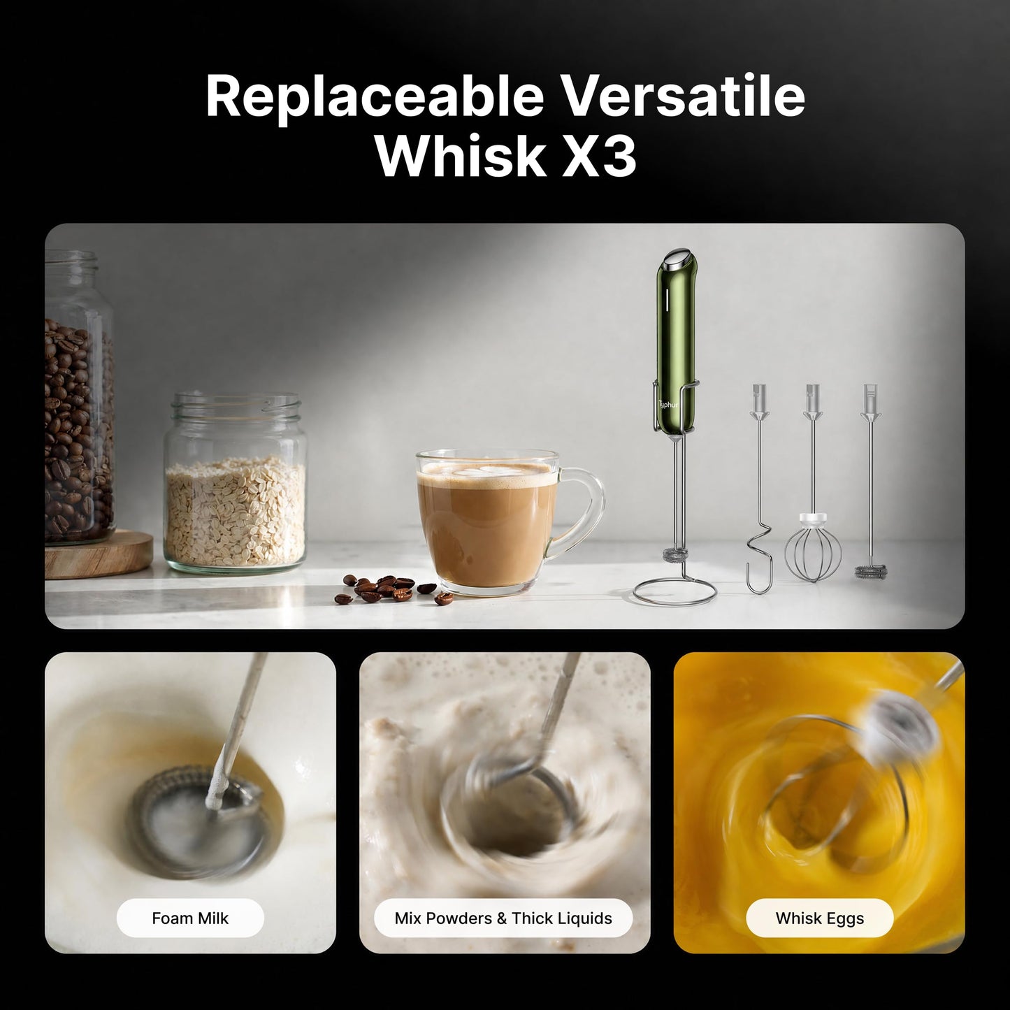 InstaWhisk Milk Frother with Variable Speed, Rechargeable Coffee Frother Wand with Detachable Double Whisk, Handheld Electric Stirrer for Latte, Cappuccino, Almond Milk, Protein