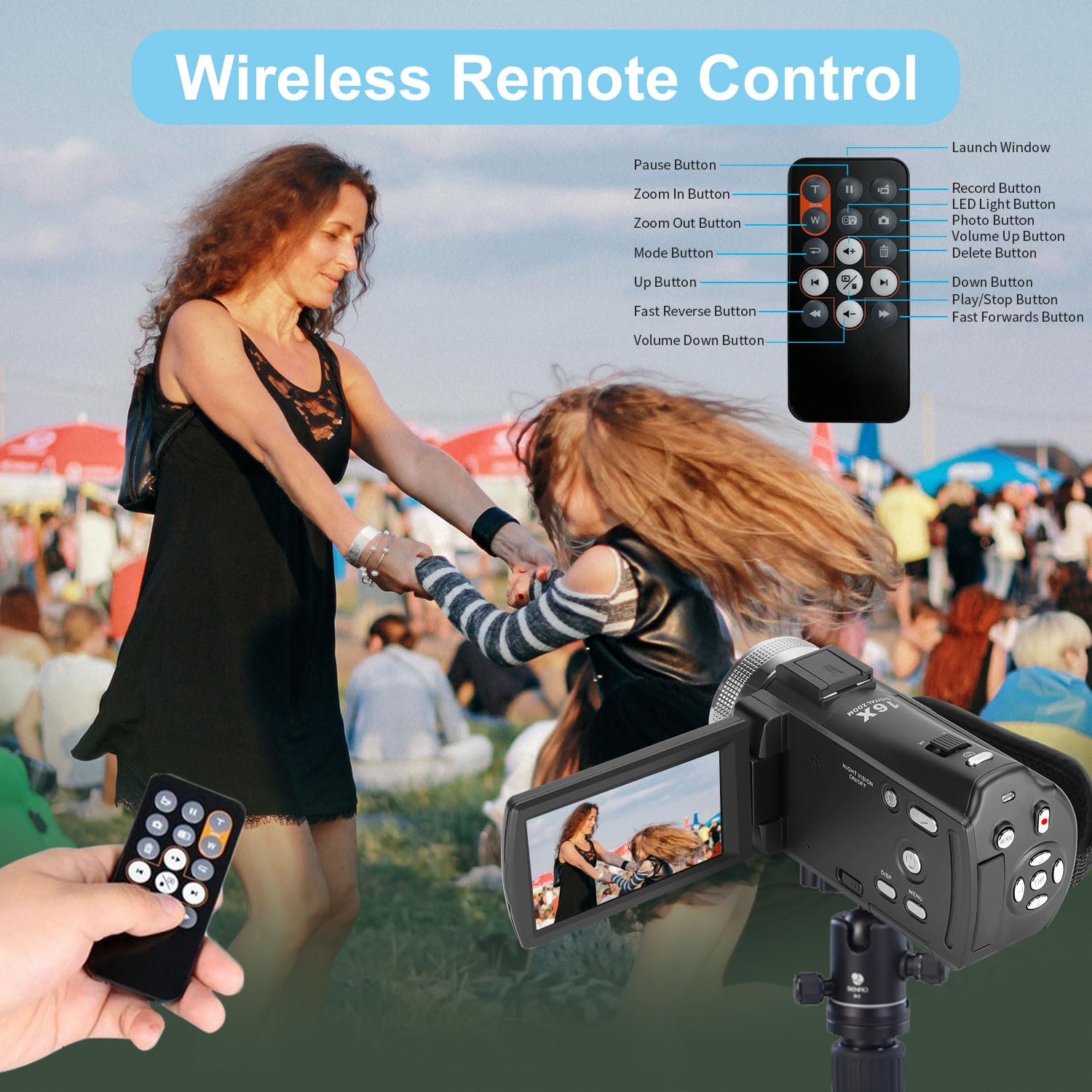 ORDRO HDV-V12 Video Camera Full HD Camcorder Digital Recorder | 1080P 30FPS 30MP | 3.0 Inch Rotation LCD | 16X Digital Zoom | Infrared Night Vision - Black (V12+16GB Card)