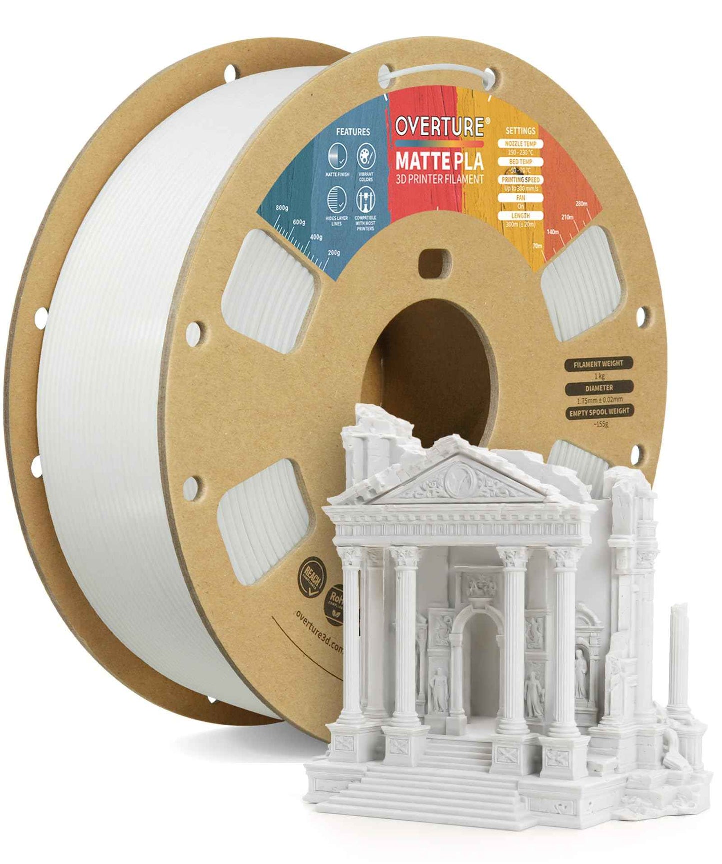 OVERTURE Matte PLA 3D Printer Filament 1.75mm, Matt Surface & Low Warping Filament 1kg Spool (2.2 lbs), Accuracy +/- 0.02 mm, Fit Most FDM Printers