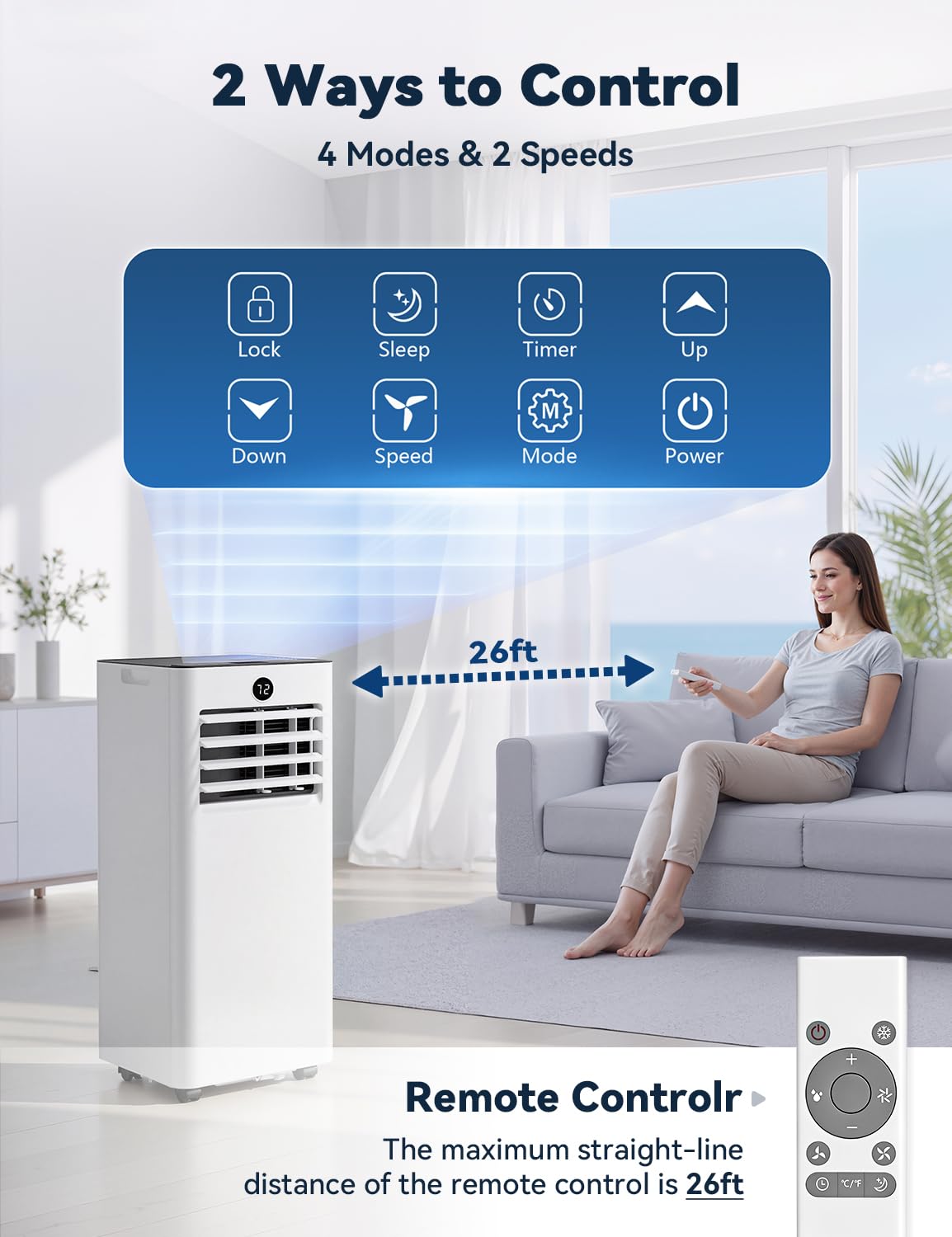 Manastin 8000 BTU Portable Air Conditioner, 4-in-1 AC Unit with Sleep, Cool, Dehumidifier & Fan, Cools up to 350 sq.ft, Remote Control, 24H Timer & Window Mount Kit, Bedroom