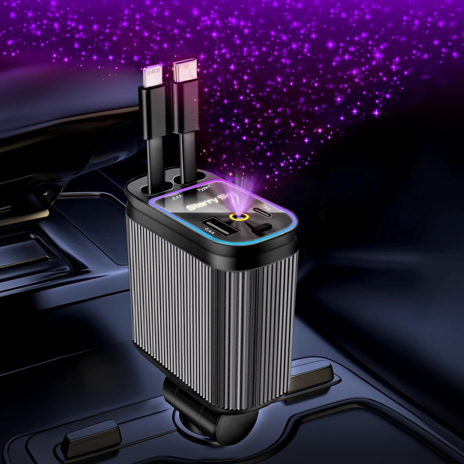 Retractable Car Charger, 4 in 1 Fast Charging Car Charger