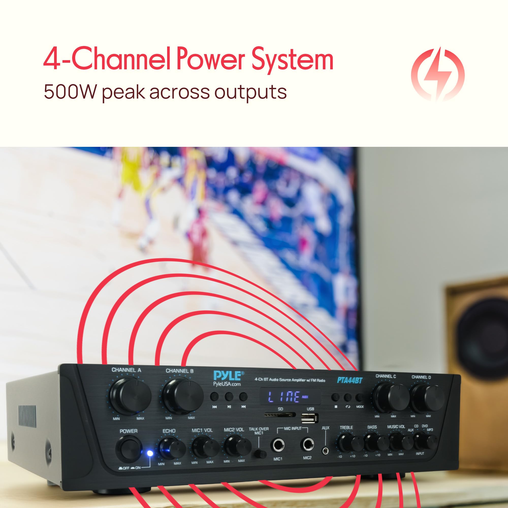 Pyle 4-Channel Audio Amplifier with Bluetooth - Home Stereo Receiver w/ 500W Max Power - Commercial or Karaoke - Dual Mic Input with Echo, Vol, Talk-Over - AUX In - Sub Out - USB-A MP3 Player, AM/FM
