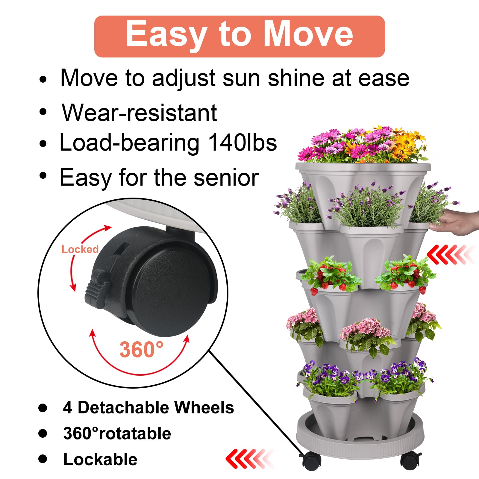 GameXcel Vertical Planter Tower - Multi-Tier Stackable Garden Planters with Wheels and Tools Plant Pots for Strawberry Herb Flower and Vegetable Indoor Outdoor Use Multicolor