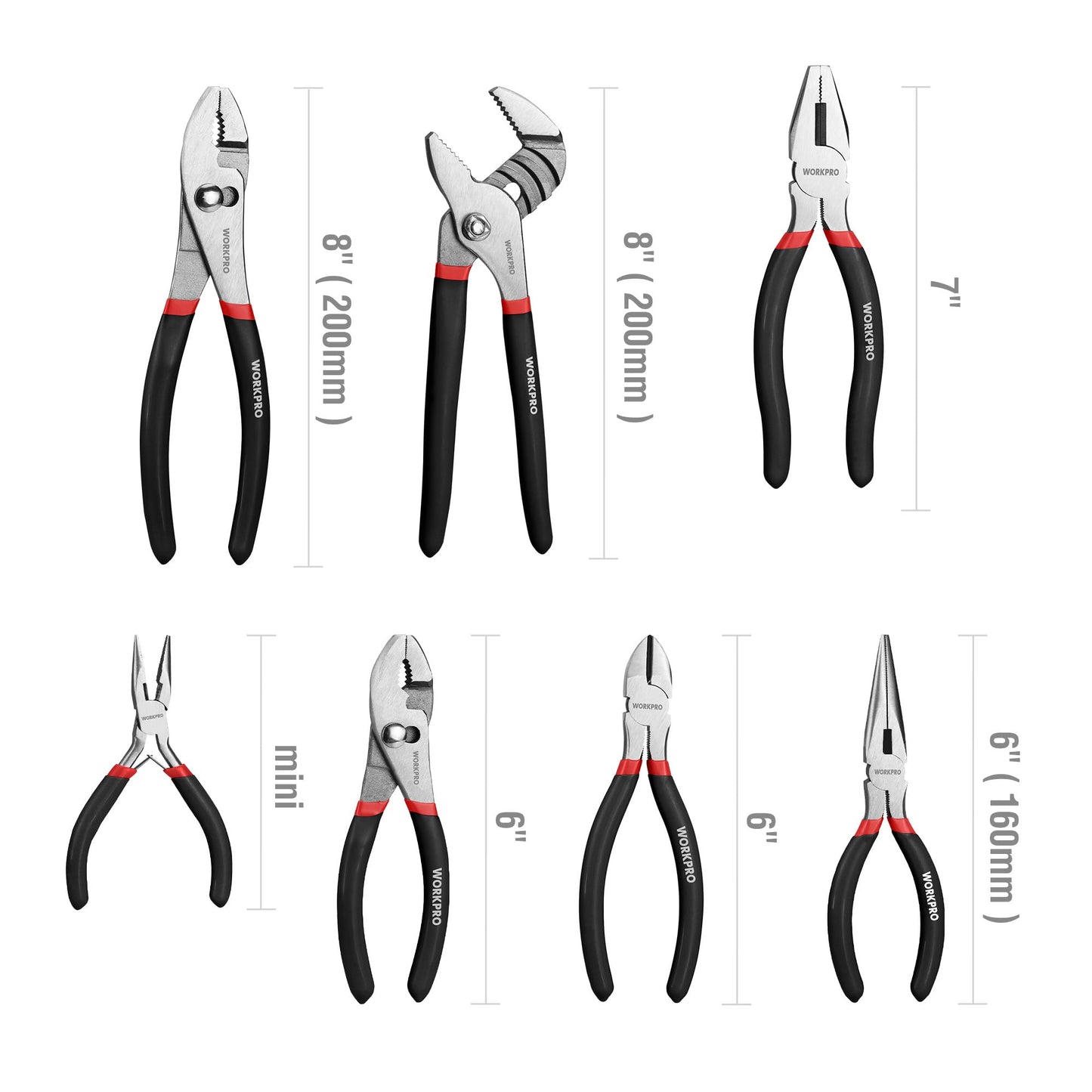 7-piece WORKPRO Pliers Set with Groove Joint, Long Nose, Slip Joint, Linesman, and Diagonal Pliers for DIY & Home Use