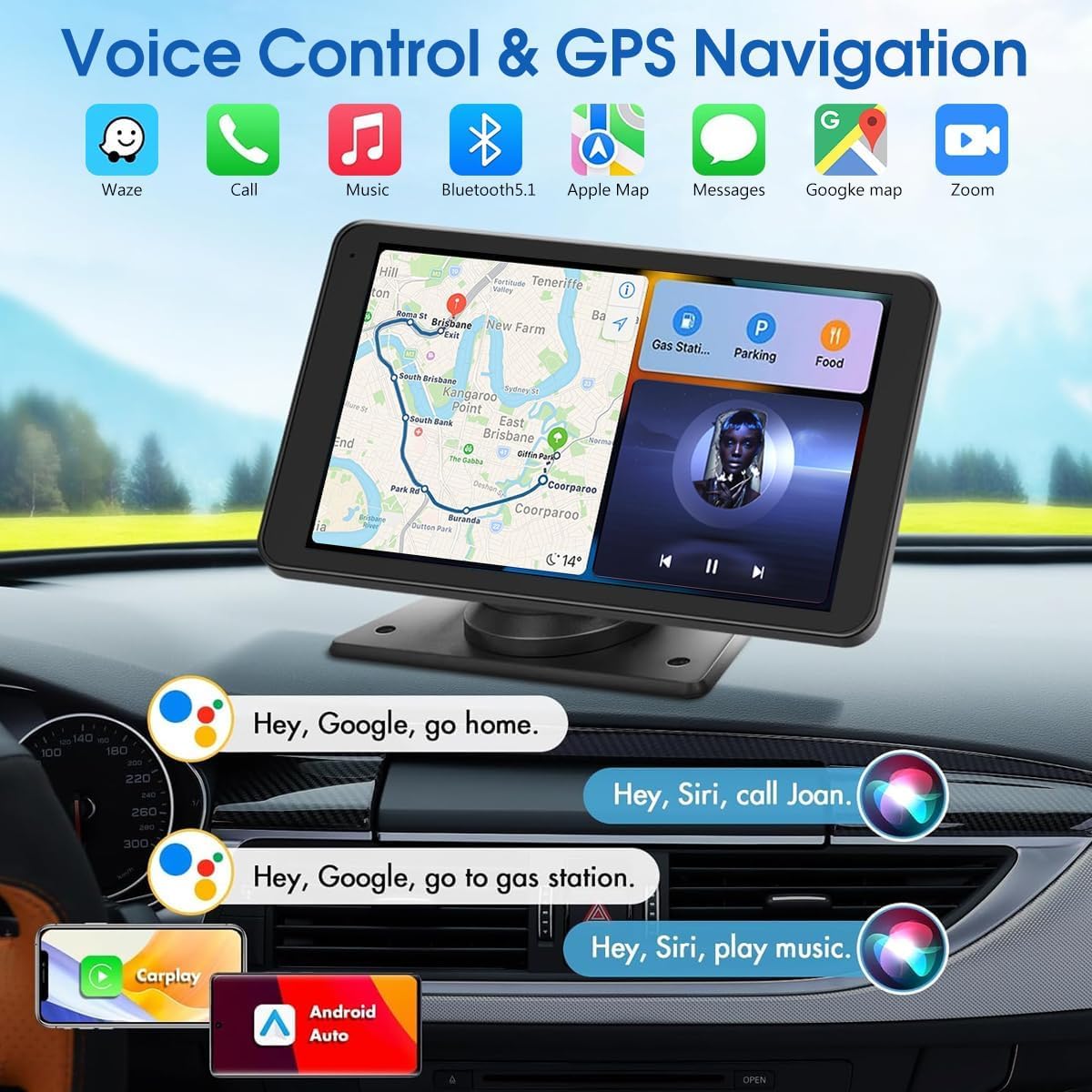 Carplay Screen for Car, 7'' Wireless CarPlay & Android Auto- Upgrade Portable Touchscreen with Bluetooth, Mirror Link, Voice Control, Hands-Free Calling Car Play Screen Stereo for All Vehicles