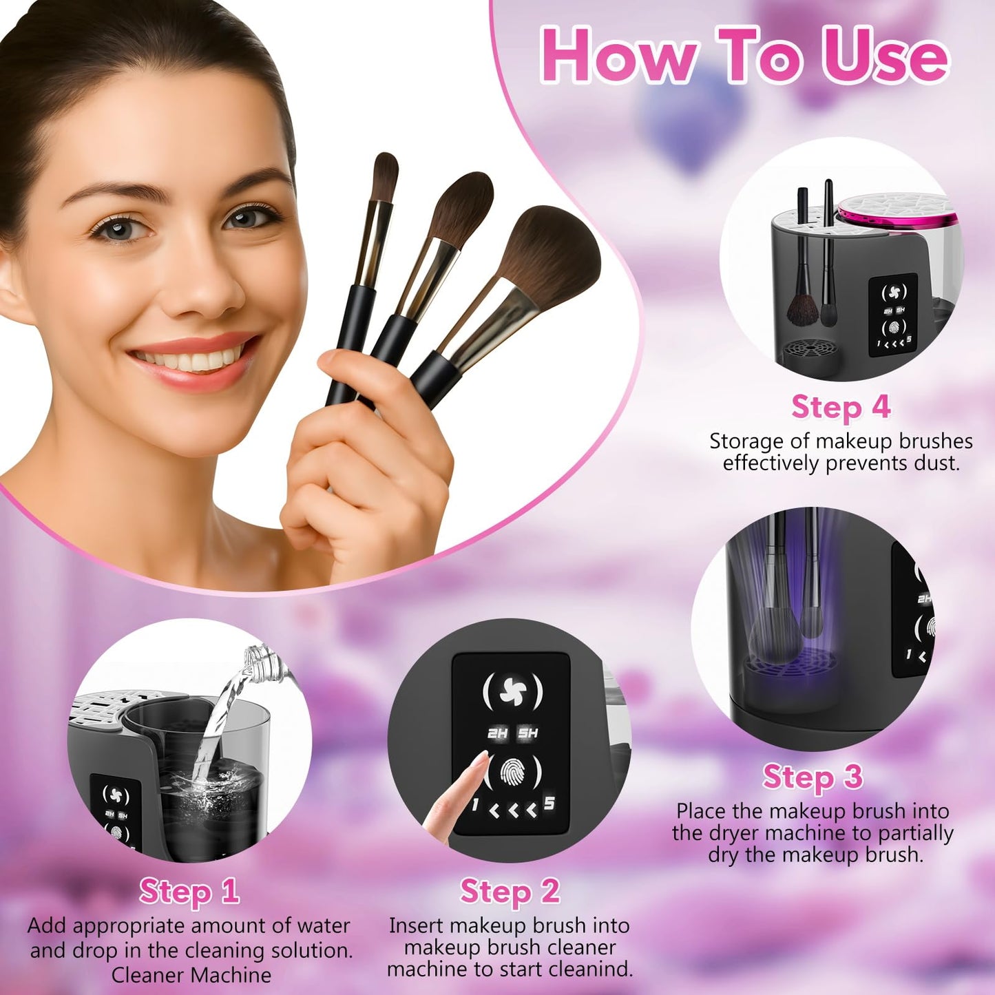3 IN 1 Electric Makeup Brush Cleaner,Automatic Makeup Brush Cleaner with Makeup Brush Dryer,Portable USB Deep Cleaning for All Size Beauty Makeup Brush Set,Blush Brush,Sponges