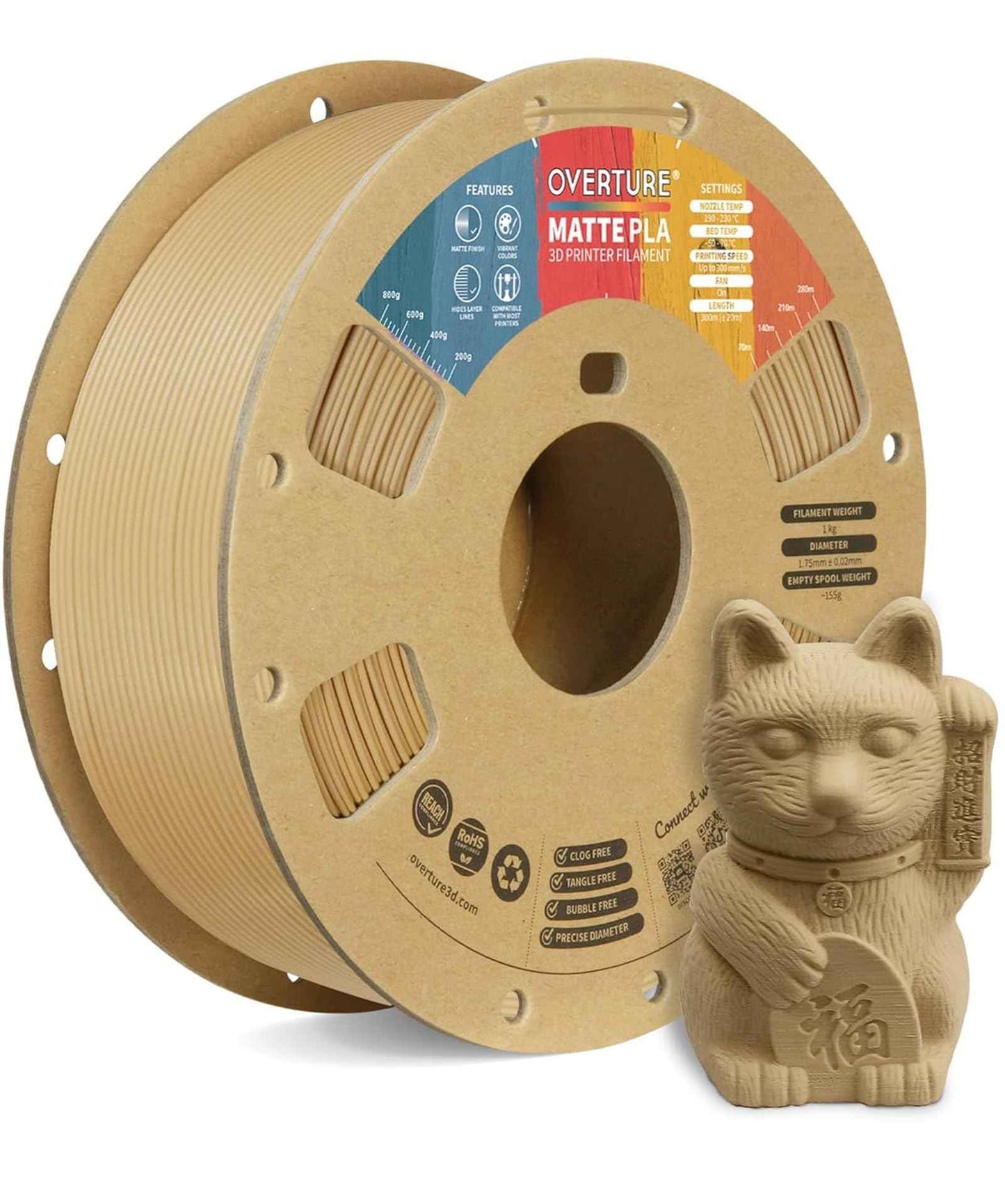 OVERTURE Matte PLA 3D Printer Filament 1.75mm, Matt Surface & Low Warping Filament 1kg Spool (2.2 lbs), Accuracy +/- 0.02 mm, Fit Most FDM Printers