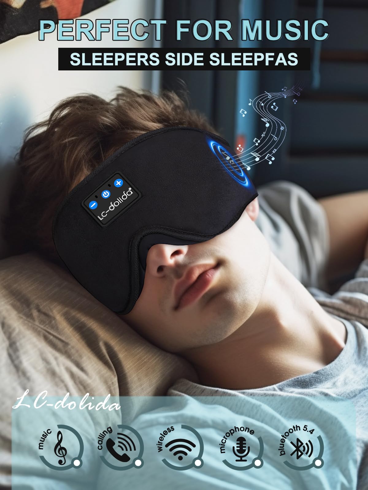 LC-dolida Sleep Headphones, 3D Sleep Mask Bluetooth Wireless Music Eye Mask, Sleeping Headphones for Side Sleepers
