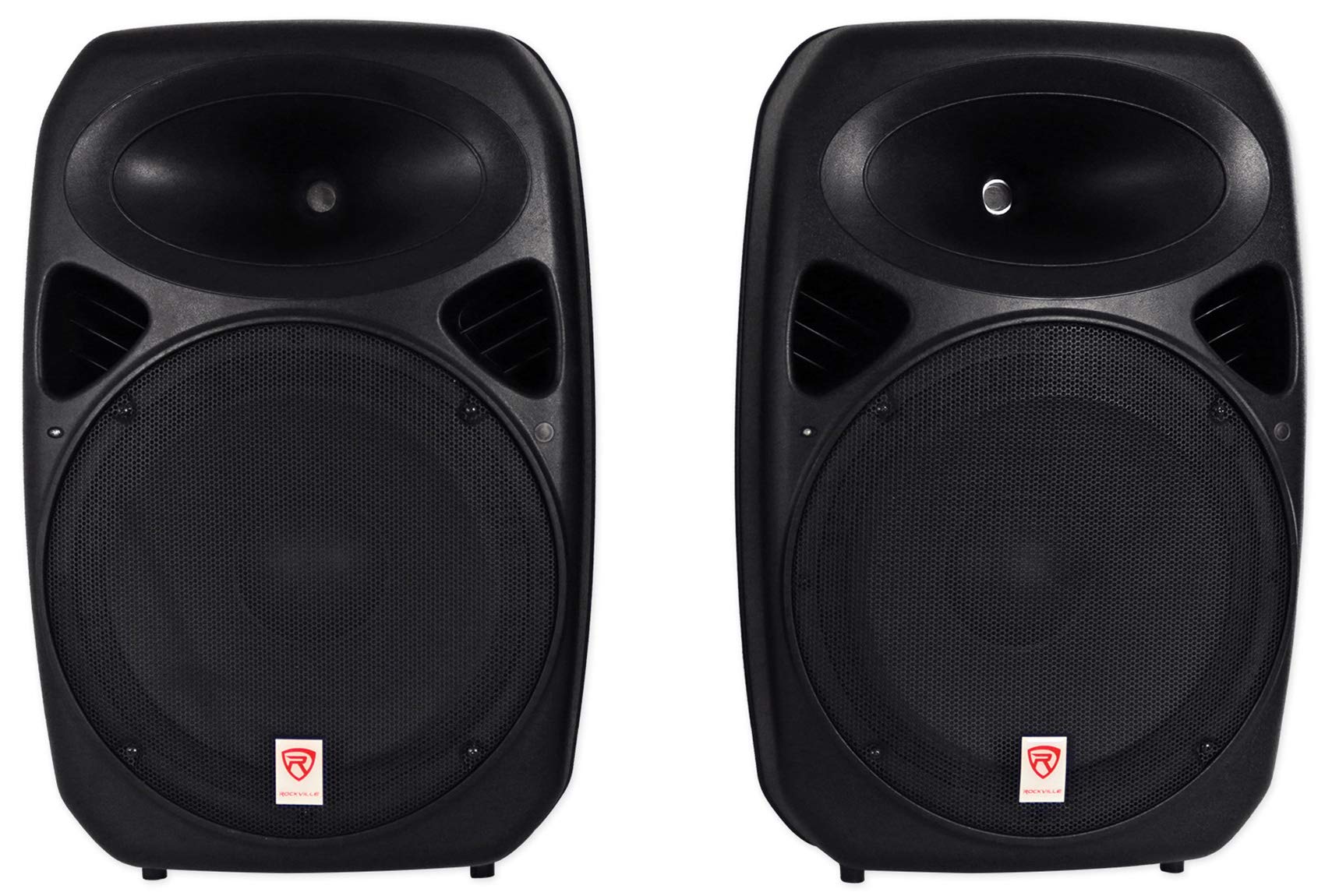 Rockville RPG152K Pair 15" Powered DJ/PA Speakers with Bluetooth/USB/SD, (2) Rugged Tripod Speaker Stands, Wired Microphone, Connection Cables