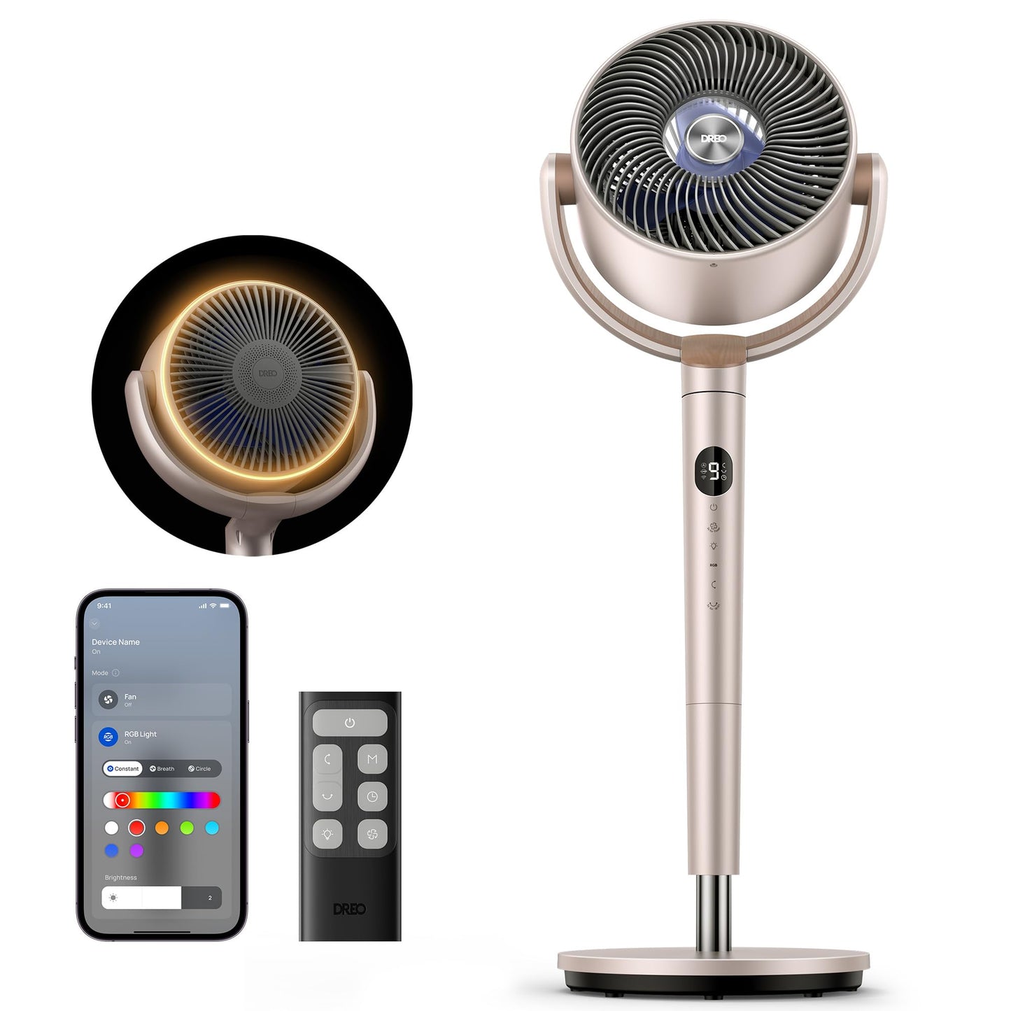 Dreo Smart Fan for Bedroom, 120° +120° Omni-Directional Oscillating Fans, 90ft Quiet Pedestal Fan with RGB Light, 9 Speeds, 6 Modes, 20dB, 8H Timer, Wi-Fi/Voice/Alexa, 37-42" Floor Fans with Remote