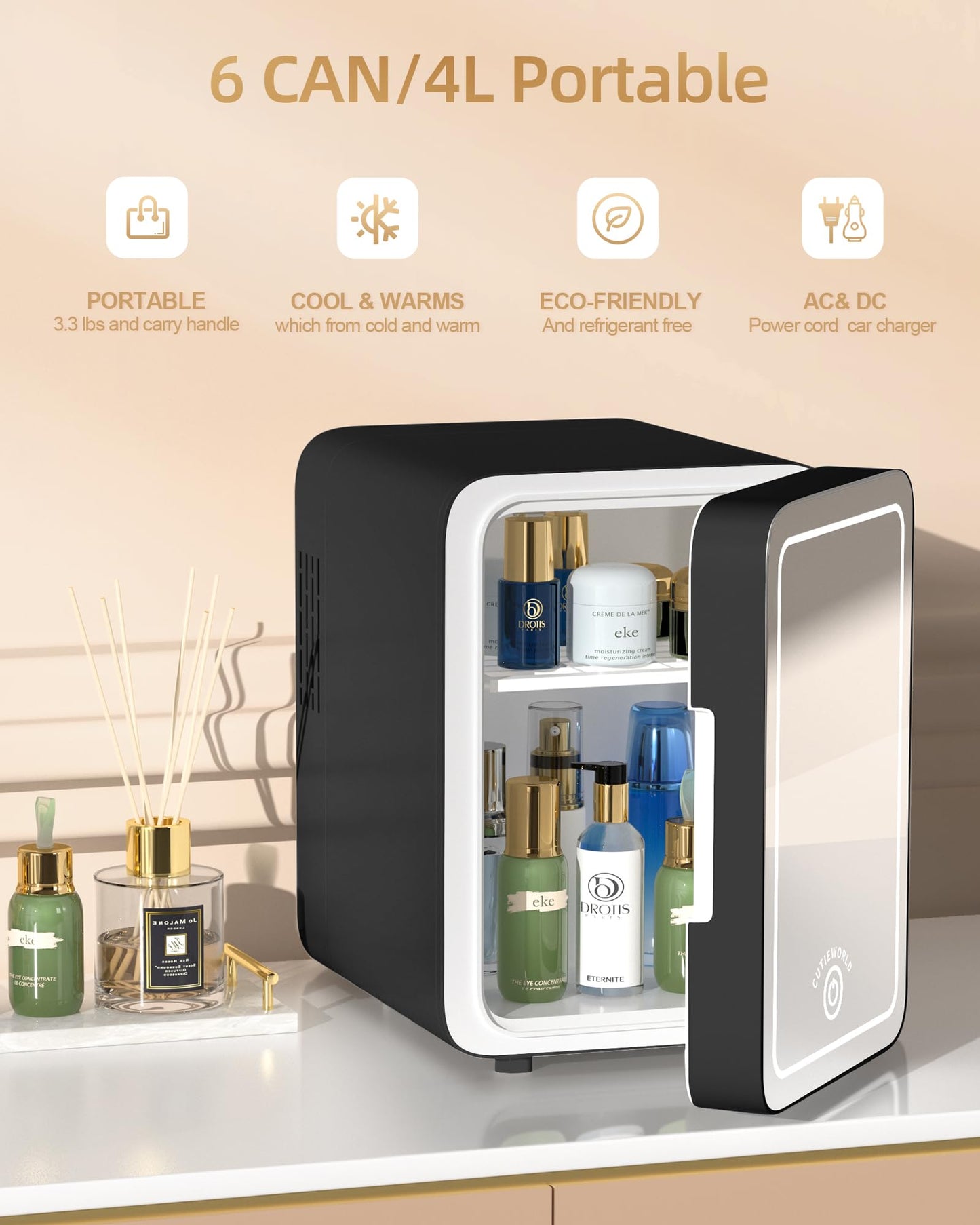CUTIEWORLD Skincare Fridge With Dimmable LED Light Mirror