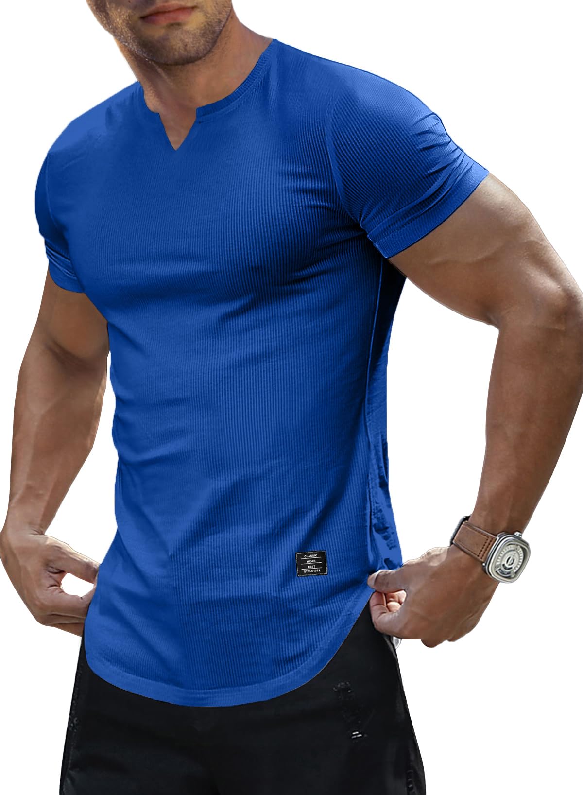 JMIERR Mens Muscle Slim T Shirts Texture V Neck Longline Henley Gym Workout Athletic Tee Shirt