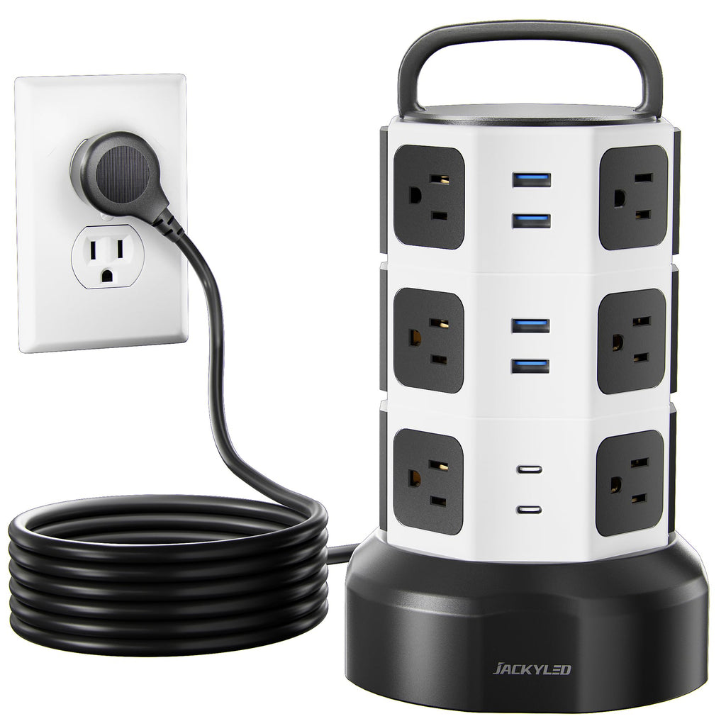 Power Strip Tower Surge Protector, JACKYLED 1625W 13A Outlet Surge Electric Tower, 12 Outlets 6 USB Ports Charging Station with 16AWG 6.5ft Heavy Duty Extension Cord for Home Office Dorm