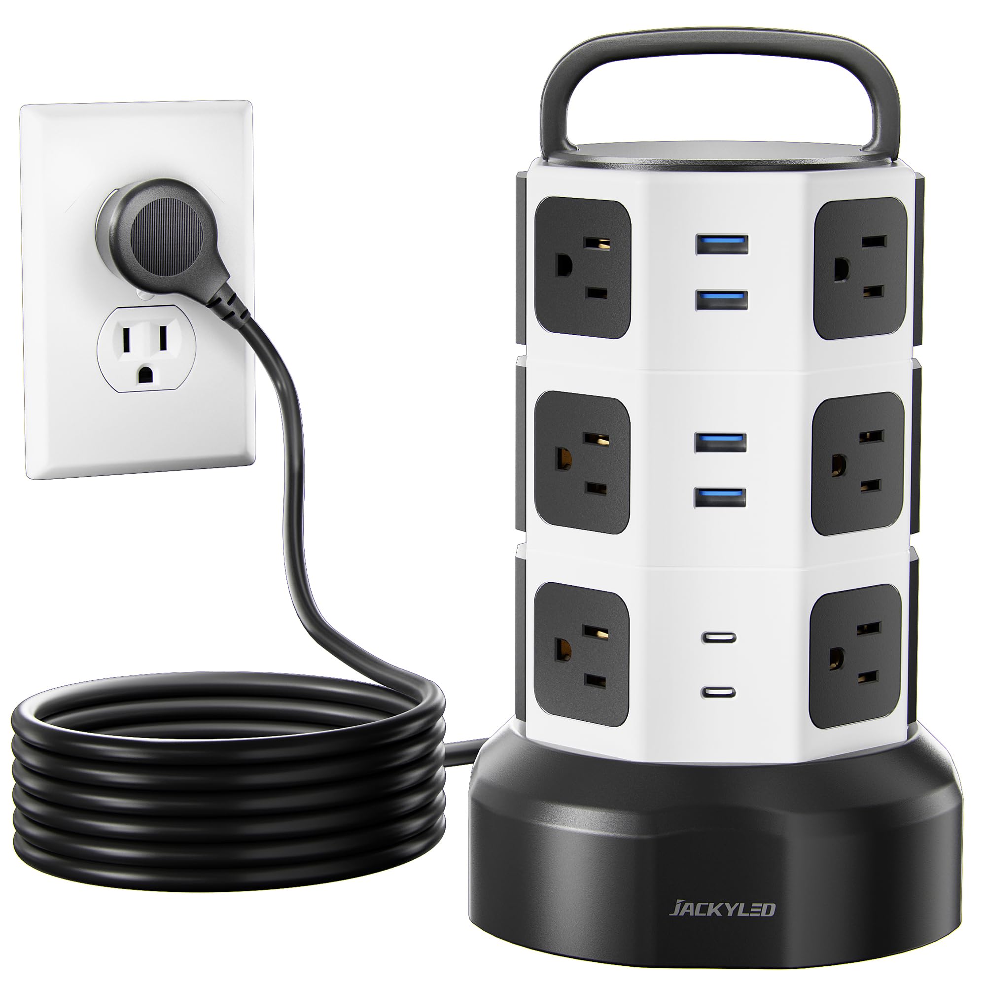 Power Strip Tower Surge Protector, JACKYLED 1625W 13A Outlet Surge Electric Tower, 12 Outlets 6 USB Ports Charging Station with 16AWG 6.5ft Heavy Duty Extension Cord for Home Office Dorm