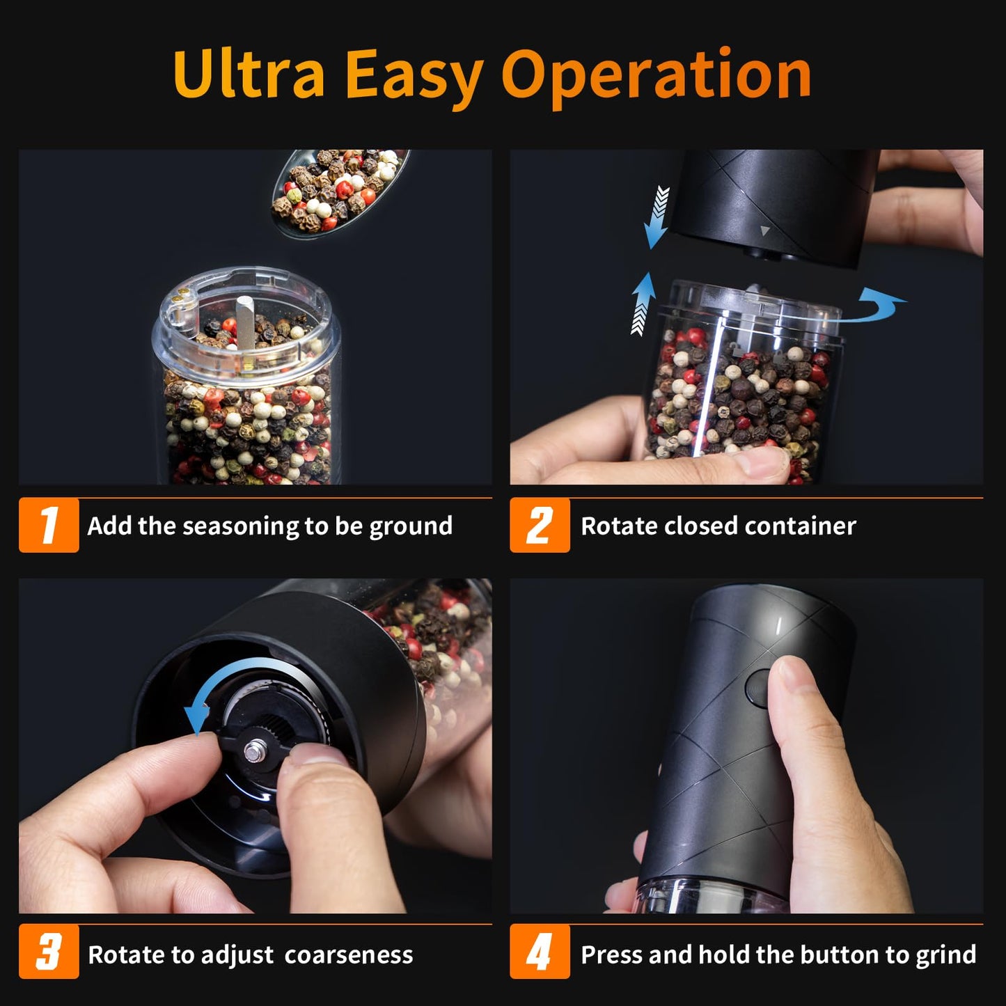 Electric Salt and Pepper Shakers Set Rechargeable with LED Light, Adjustable Coarseness Lidaop Large Capacity Automatic Salt Pepper Mill Grinder for Kitchen, Restaurant, Outdoor