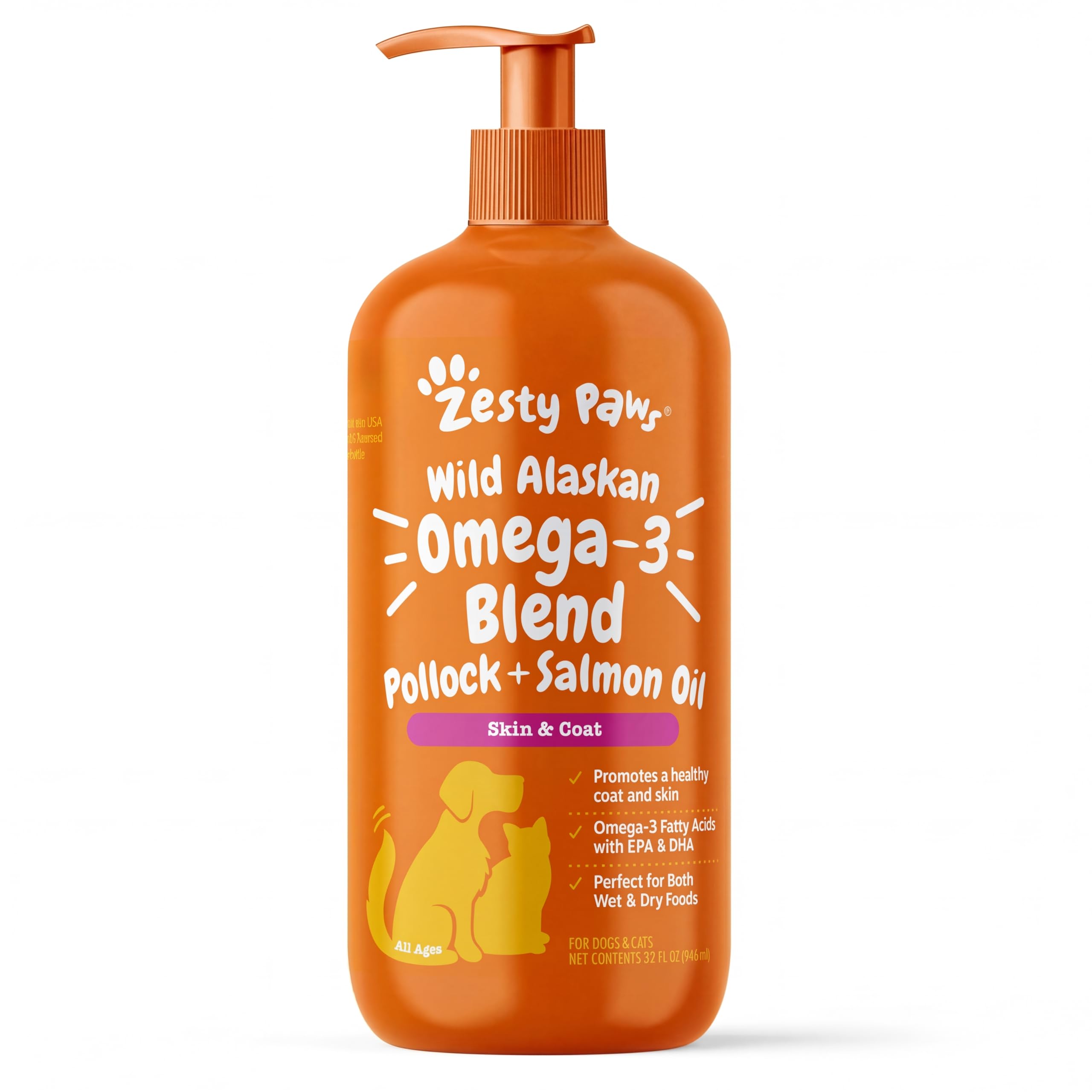 Zesty Paws Wild Alaskan Omega-3 Blend Pollock + Salmon Oil for Dogs and Cats- Skin and Coat Support, Omega 3 Supplement for Pets