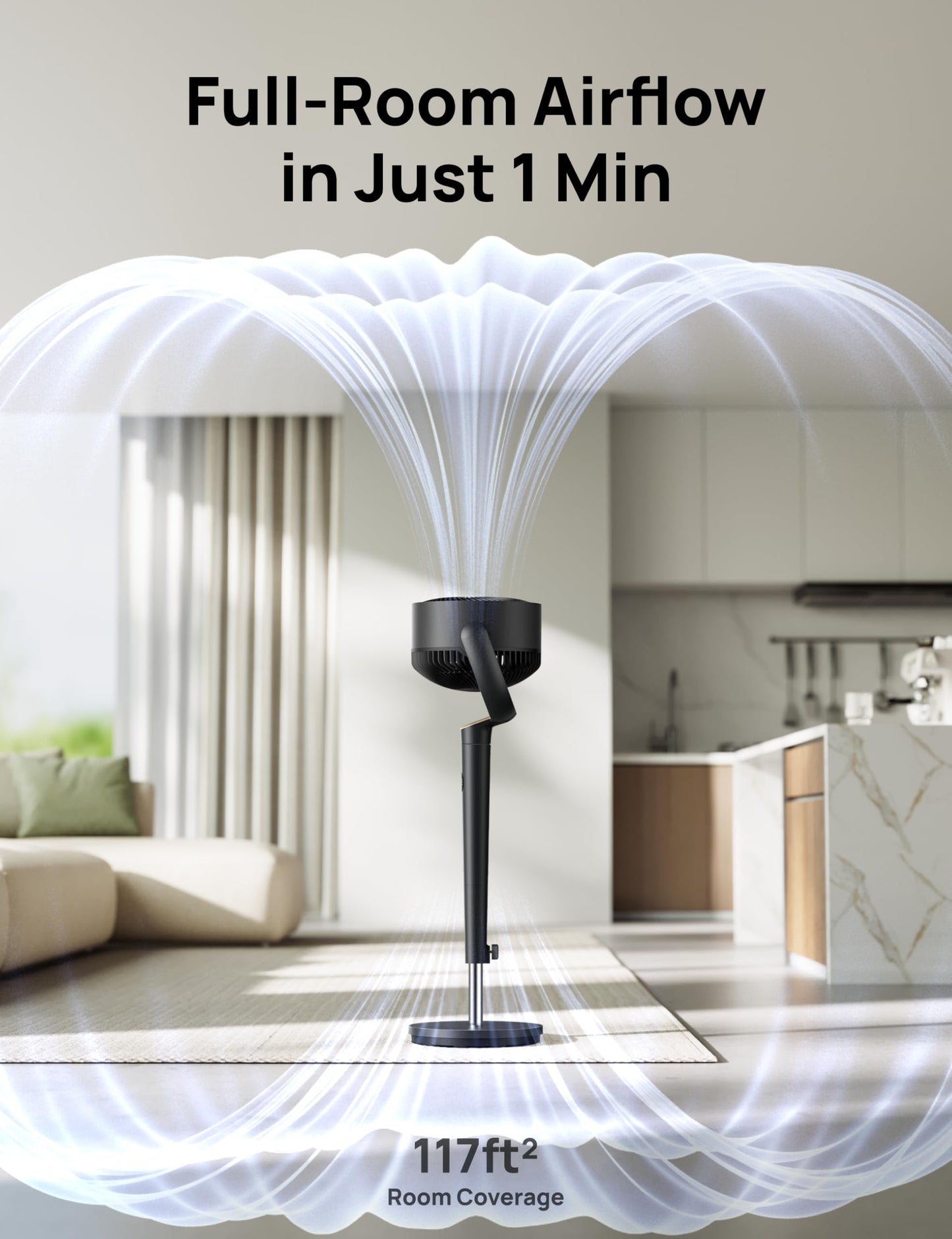 DREO Fan for Bedroom, 120° Oscillating Standing Fans, Quiet Floor Fan with DC Motor, 100ft Pedestal Fans for Room, 9 Speeds, 4 modes, 20dB, 120° Manual Vertical, 37-42" Adjustable Height, 9H Timer