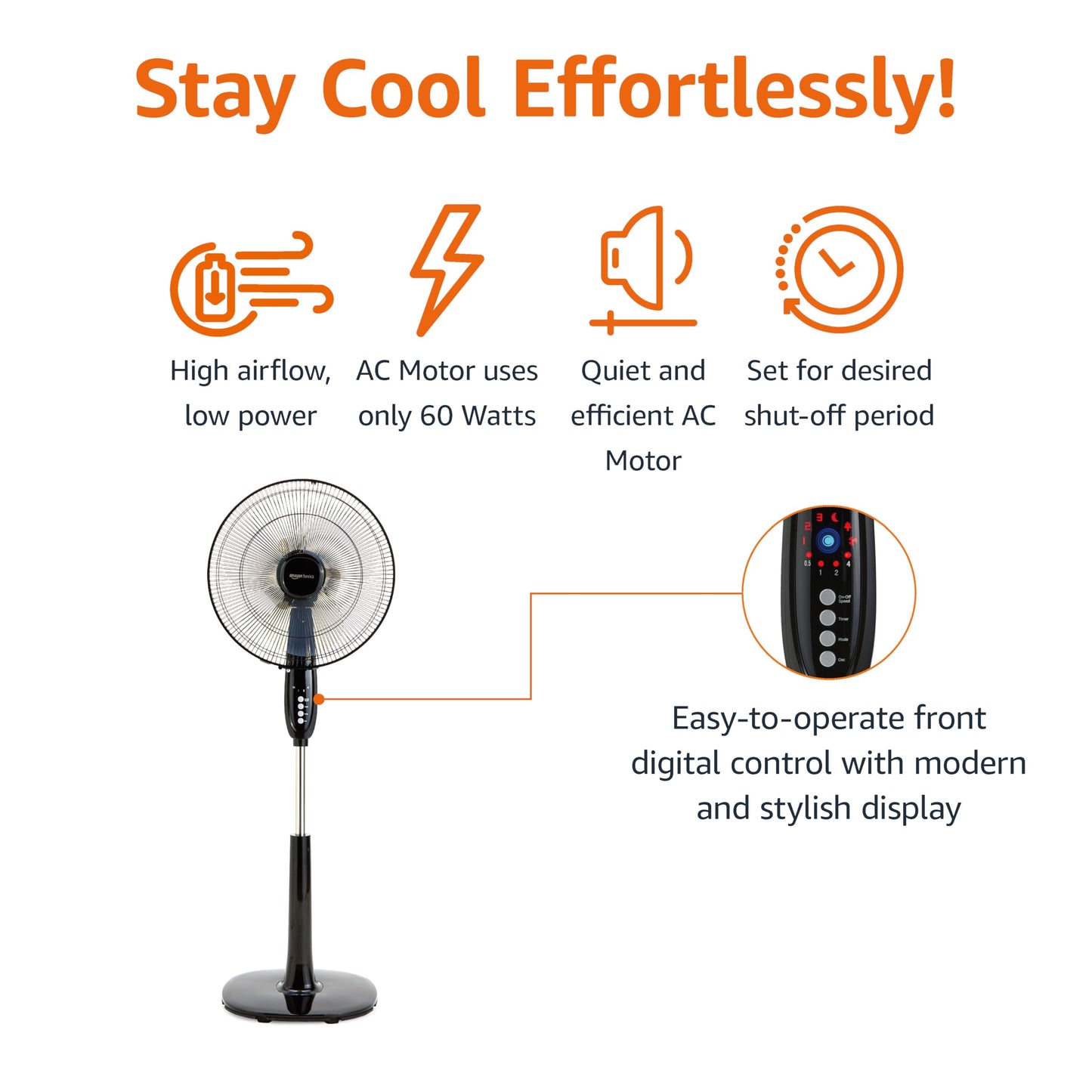 Amazon Basics 16" Pedestal Fan with Remote, Floor Fan, Standing Fan for Bedroom, Living Room, Office, with 3 Speeds, 3 Modes, Timer, Dual-Layered Blades, Adjustable Height, Tilt Head