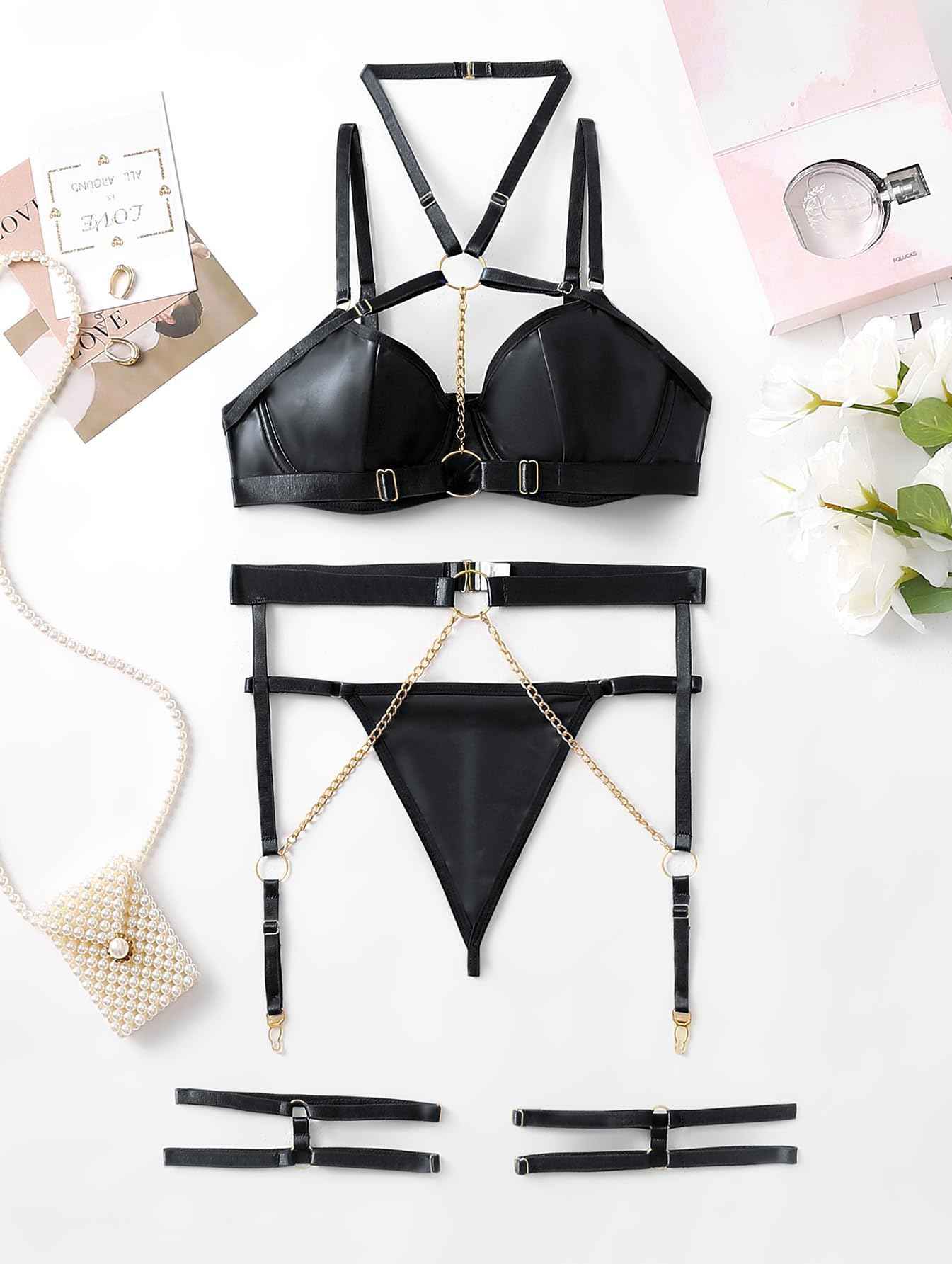Lilosy Sexy PU Leather Garter Belt Lingerie Set with Underwire Straps