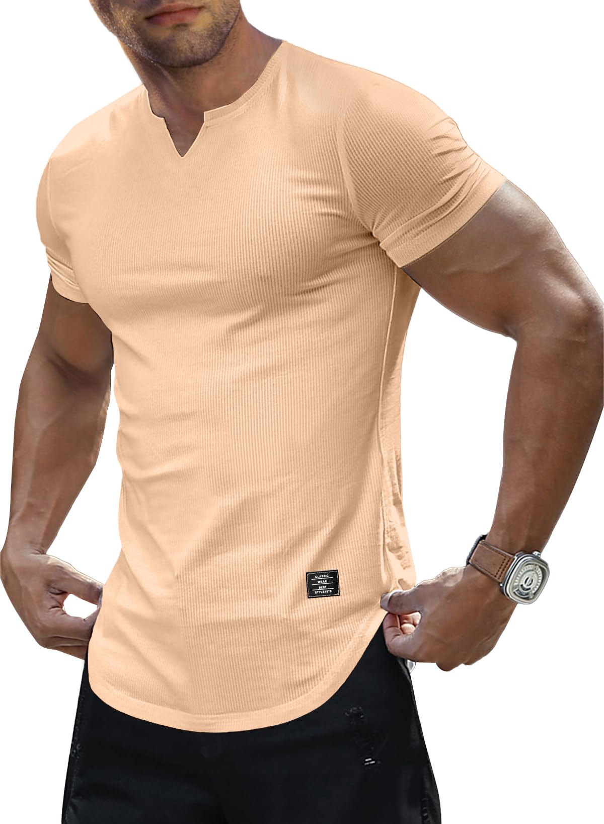JMIERR Mens Muscle Slim T Shirts Texture V Neck Longline Henley Gym Workout Athletic Tee Shirt