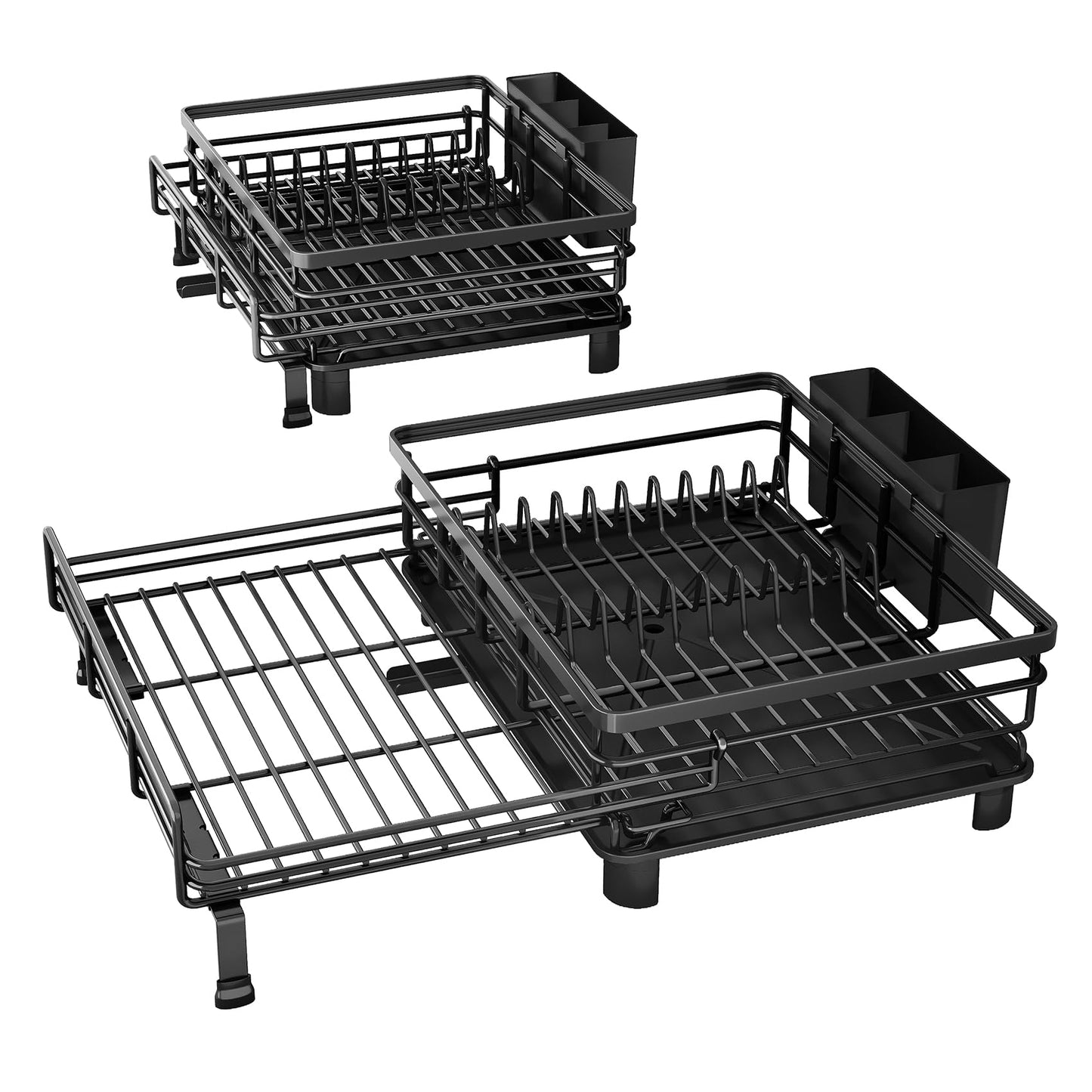 Dish Drying Rack - Extendable Dish Rack, Large Sink Drying Dish Drainer for Kitchen Counter, Stainless Steel Dish Strainer with Utensil Holder