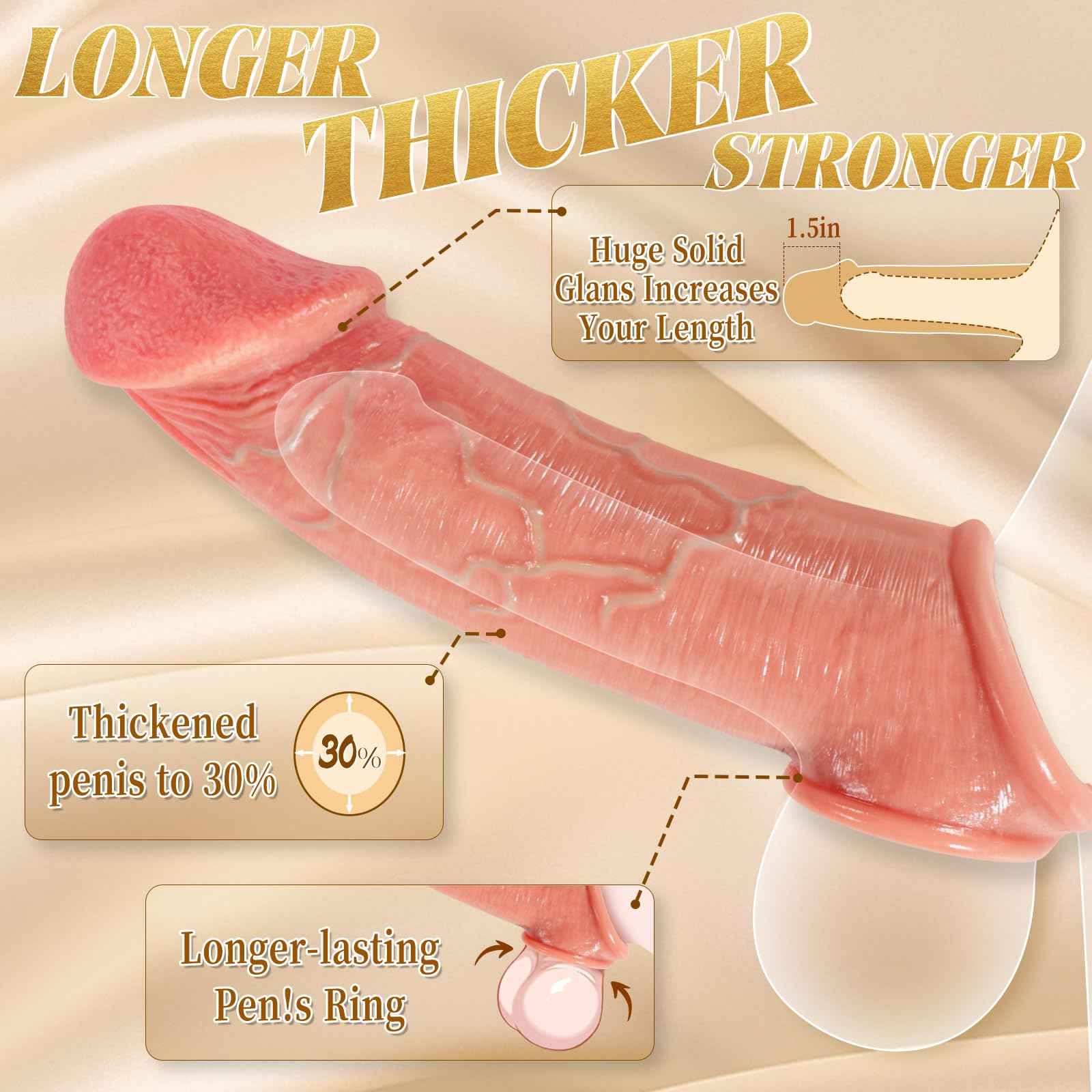 Penis Sleeve with 2.3'' Diameter Huge Realistic Glans, Reusable 8.5'' Silicone Cock Sleeve Sex Toys for Men, Delay Ejaculation Penis Extender with Thickened Testicle Ring, Couples Male Sex Toys