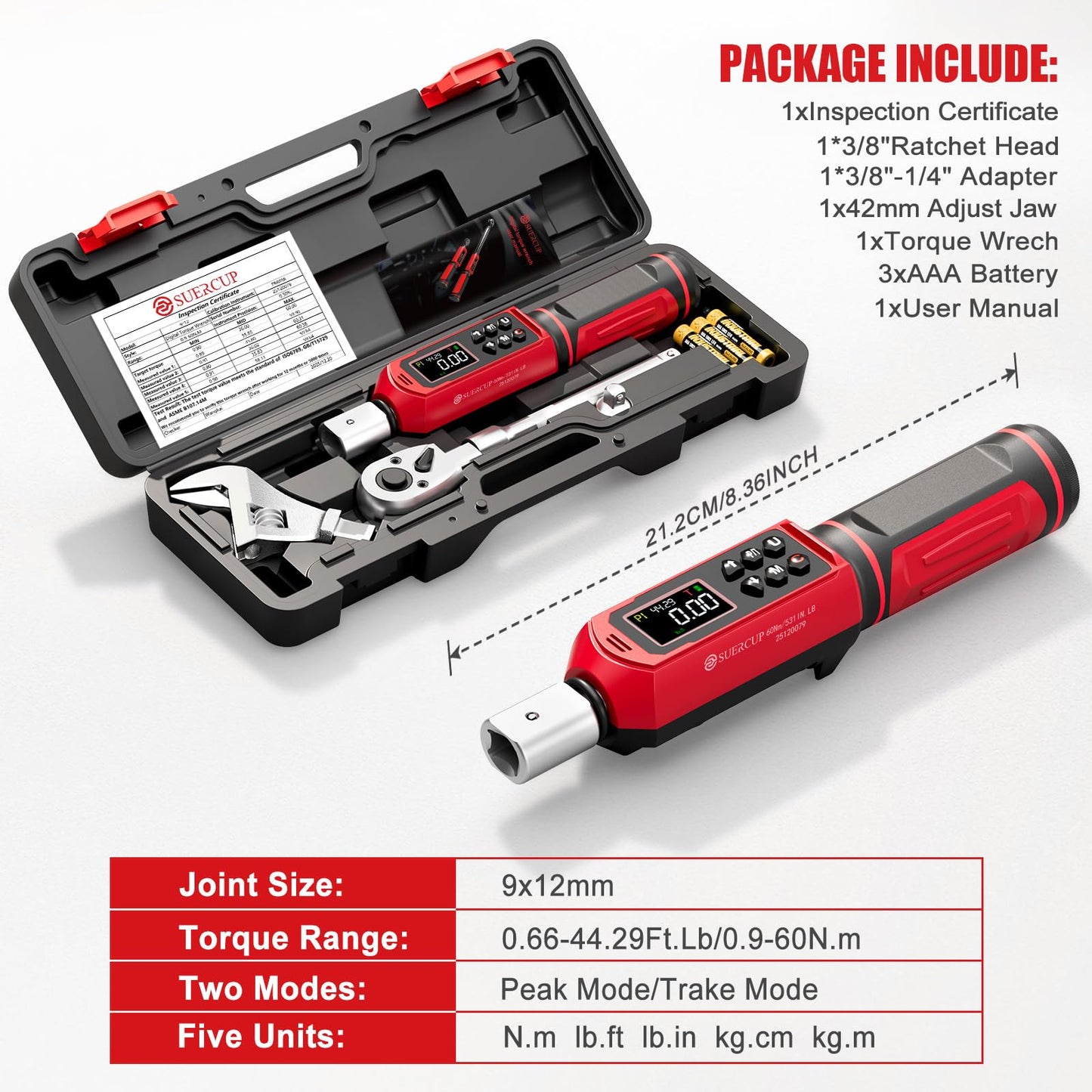 SUERCUP Digital Torque Wrenc ±1% Accuracy with Vibration, Buzzer,LED Notification and Five Units of Measure, for Car,Motorcycle Repair, DIY