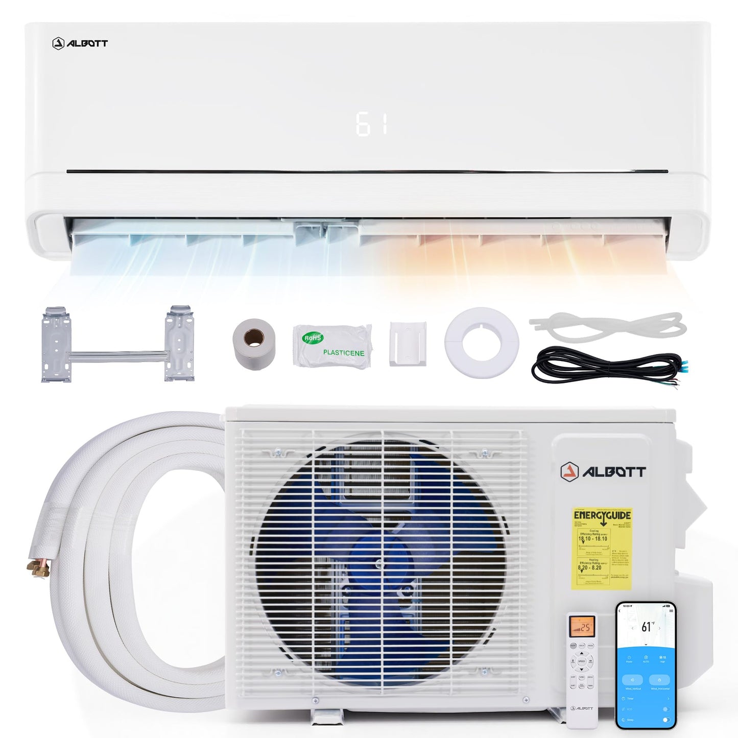 Albott Mini Split Air Conditioner and Heater, Inverter Energy-Efficient AC with Self-Cleaning, Remote, Energy Saving, Easy Installation