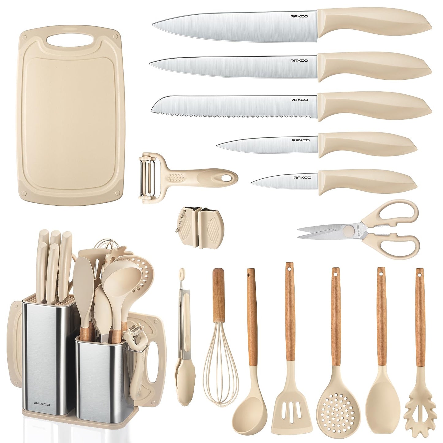 RAXCO Kitchen Utensils Set For Cooking-7 Cooking Utensils,5 Kitchen Utensils,6 Knife set,utensilios de cocina(18-in-1)