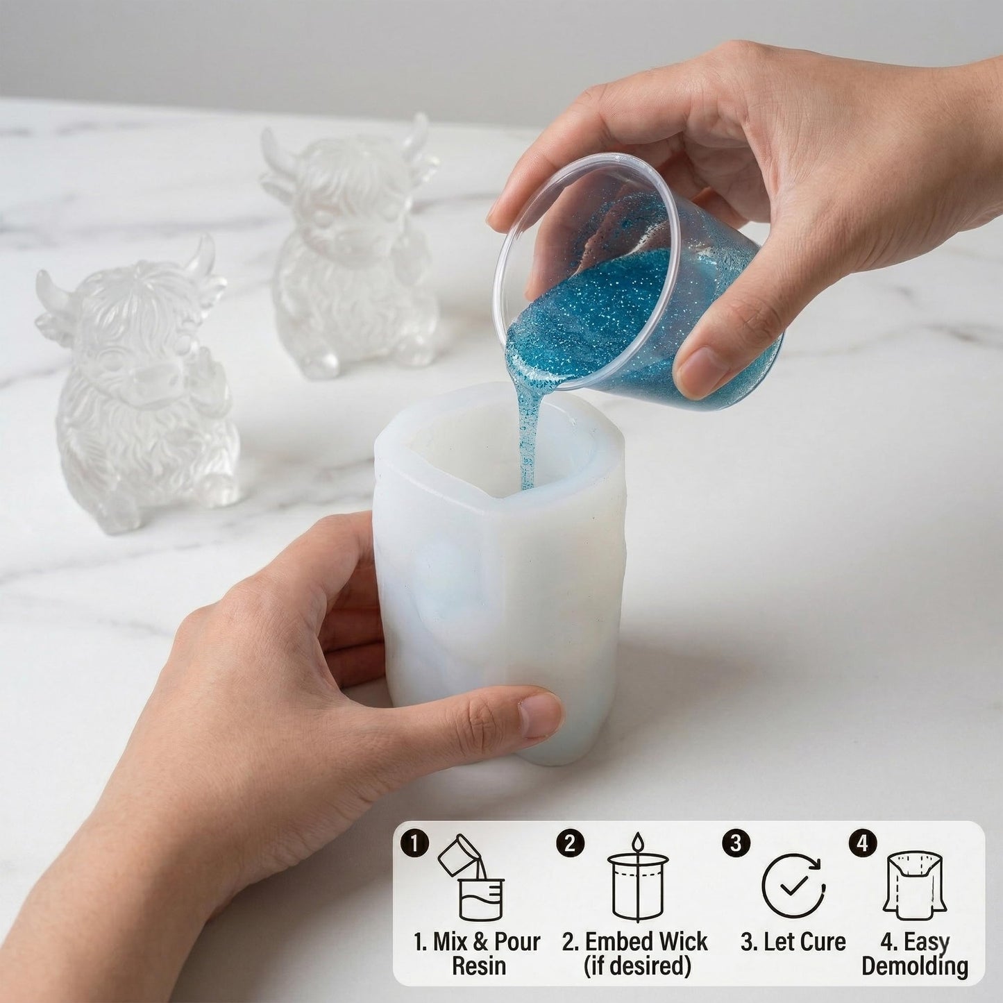 QUDYNZAL 1Pc 3D Highland Cow Resin Silicone Mold Funny Animal Epoxy Candle Mold for Resin Casting Candle Soap Making DIY Concrete Plaster Crafts Gag Gifts Quirky Desk Decor Easy Release