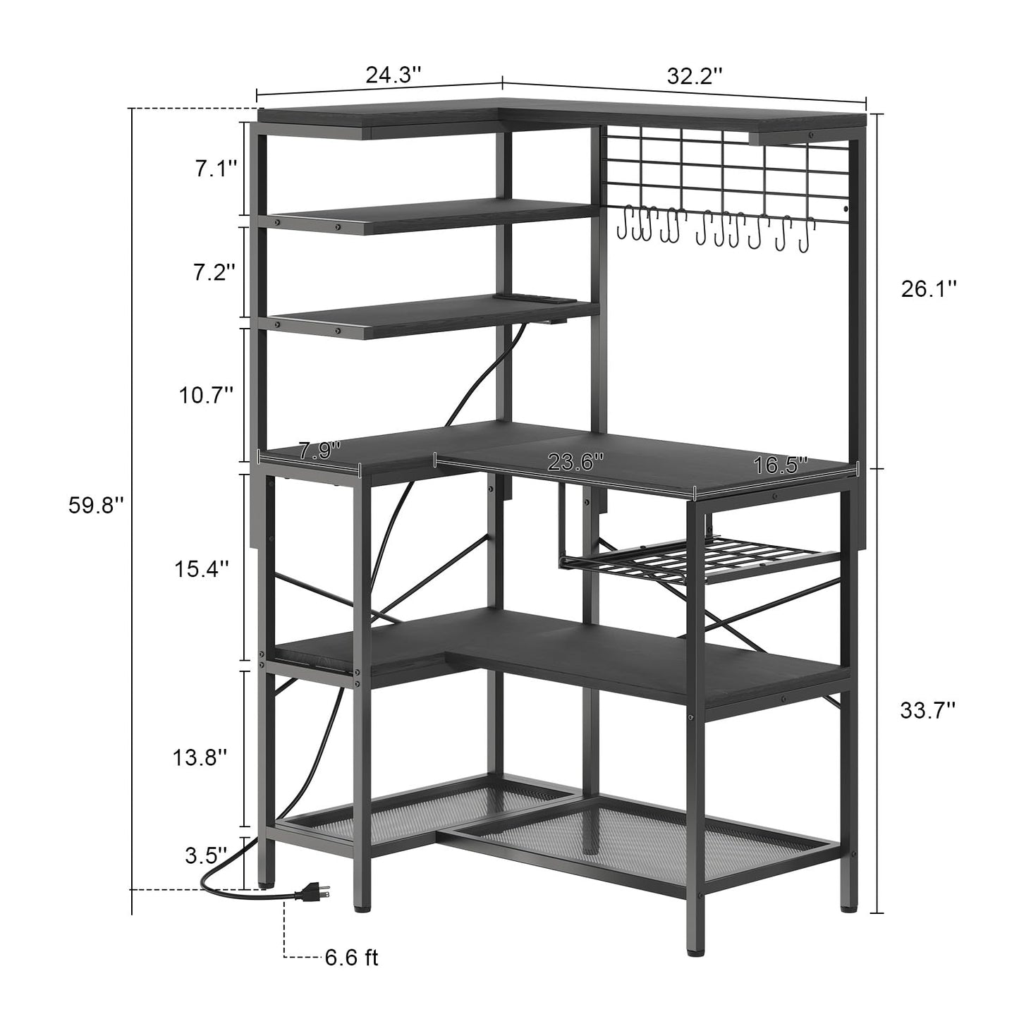 iabifo L-Shaped Bakers Rack with Power Outlet, 6-Tier Microwave Stand with Open Storage, Kitchen Shelf with Hooks,Coffee Bar for Living Room