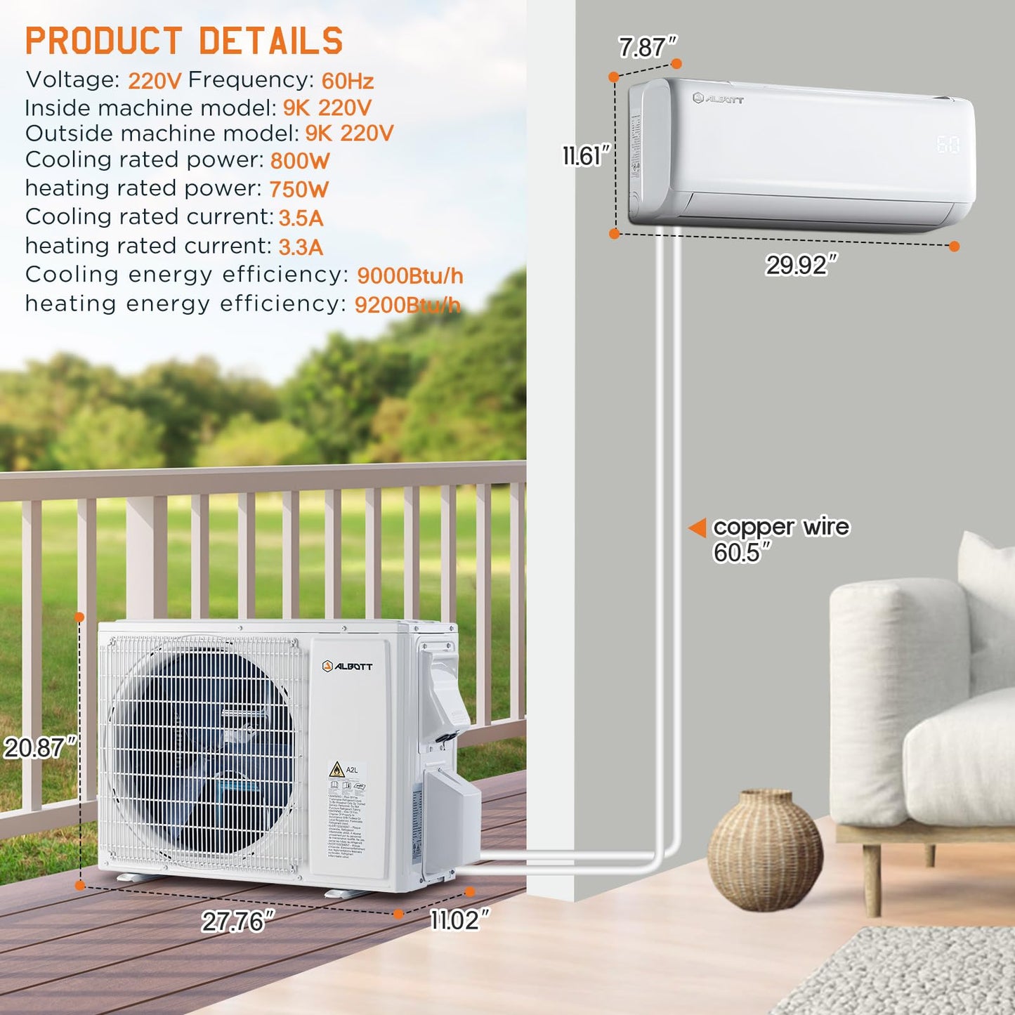 Albott Mini Split Air Conditioner and Heater, Inverter Energy-Efficient AC with Self-Cleaning, Remote, Energy Saving, Easy Installation