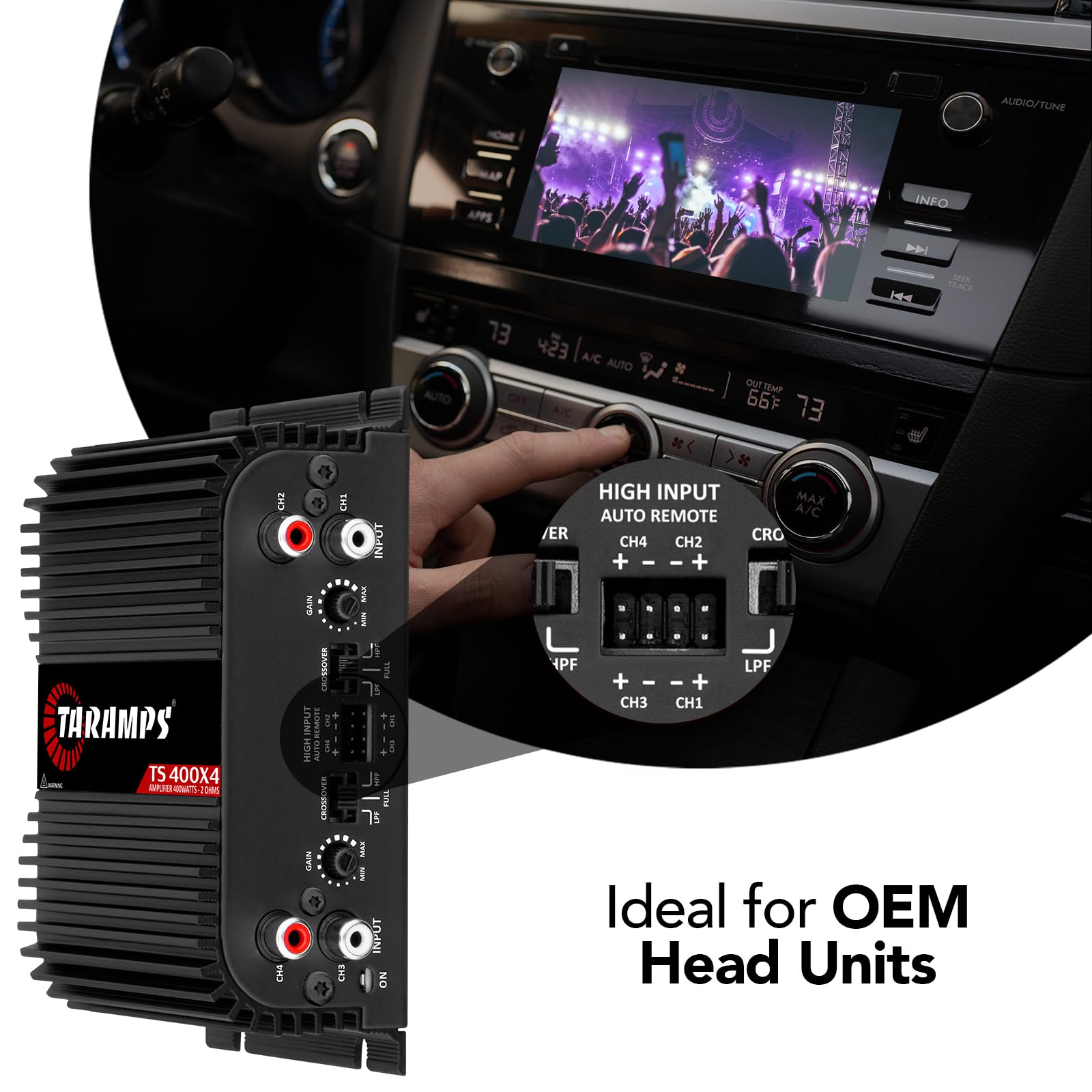 Taramps TS 400x4 2 Ohms Black Multichannel Stereo Amplifier 400 Watts Rms, 4 Channels, Full Range, Car Audio Digital 2 Bridged Channel, Crossover High/Low Pass, with RCA and Automatic High Level Input