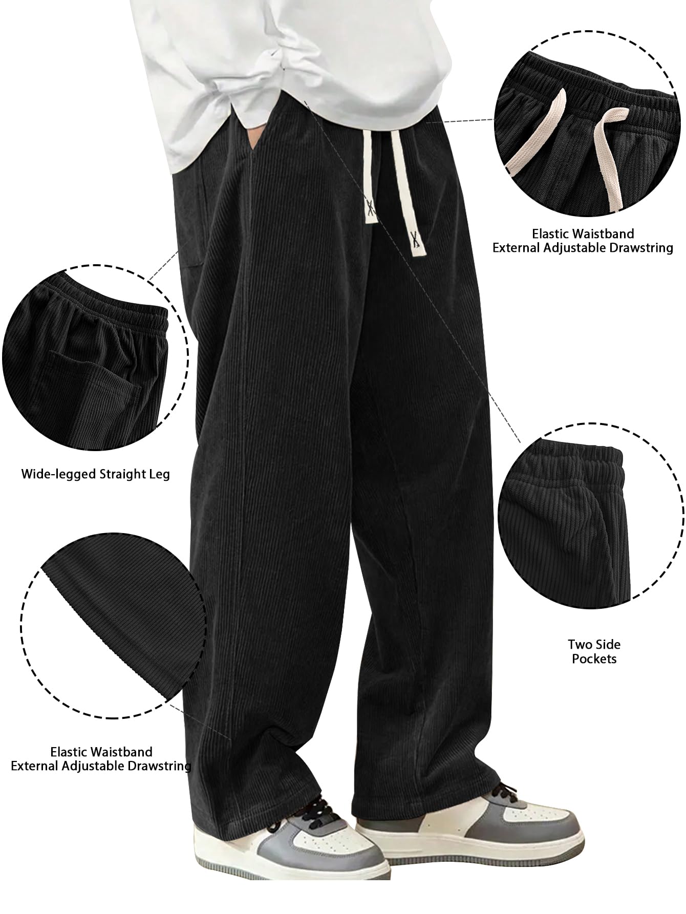 Hidkat Mens Corduroy Casual Pants Fashion Loose Fit Wide Leg Pants Straight Sweatpants Elastic Waist Drawstring